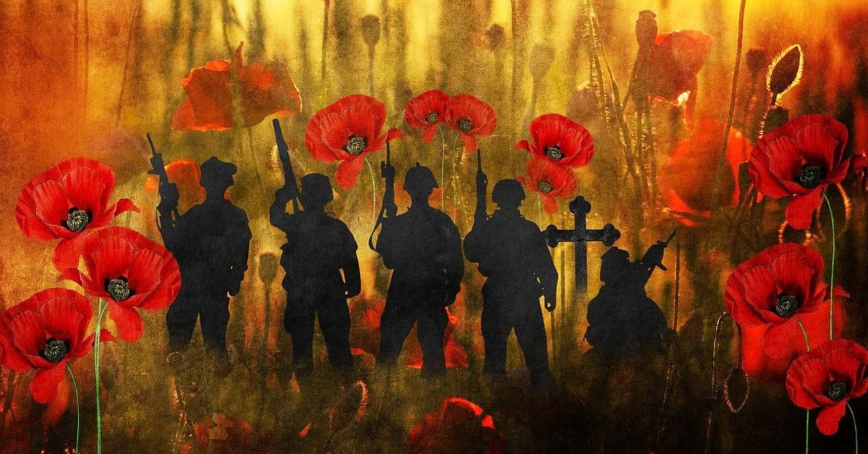 A Group Of Soldiers In Silhouette With Poppy Flowers