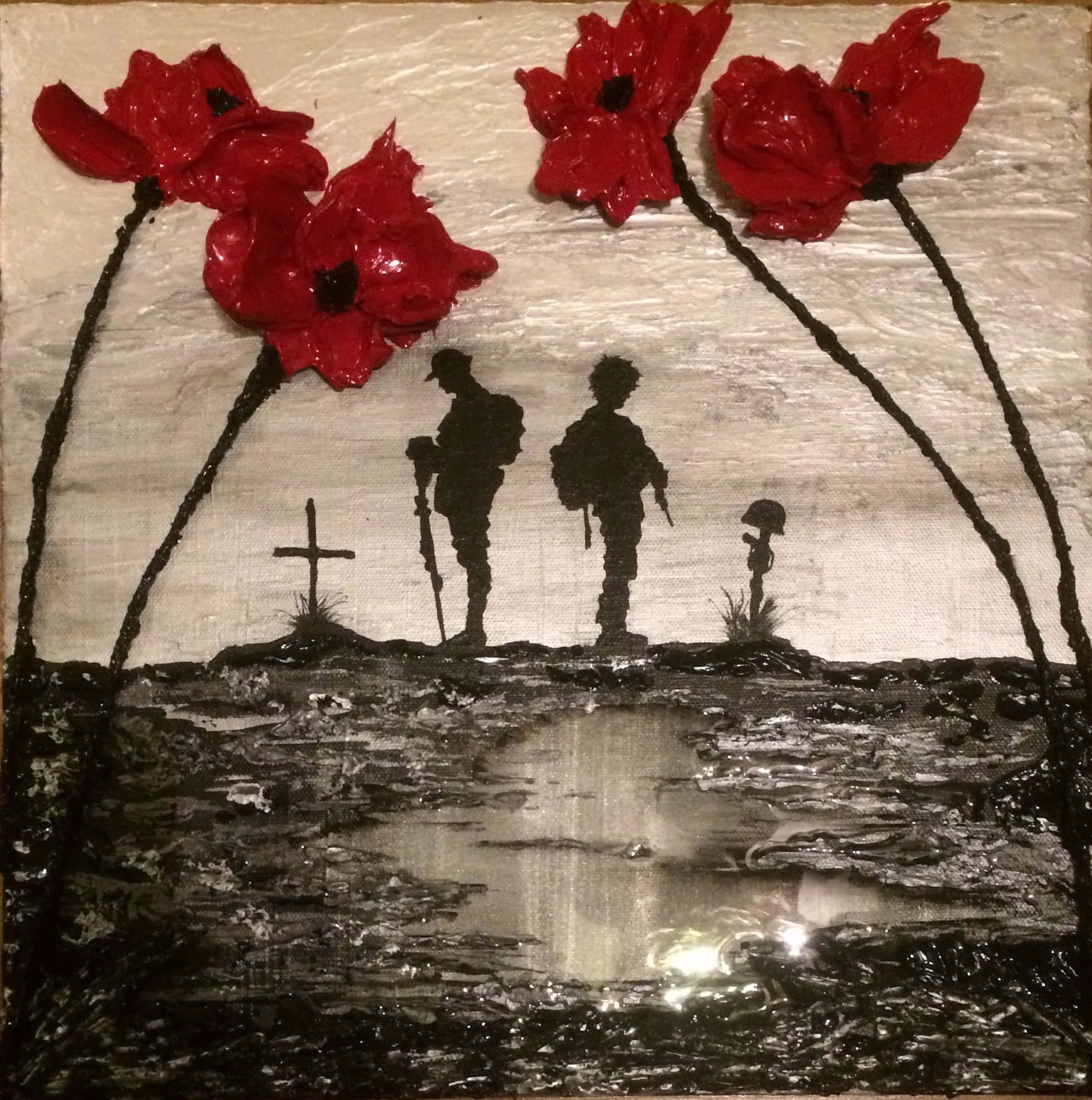Enmålning Av Två Soldater Med Röda Vallmo Blommor