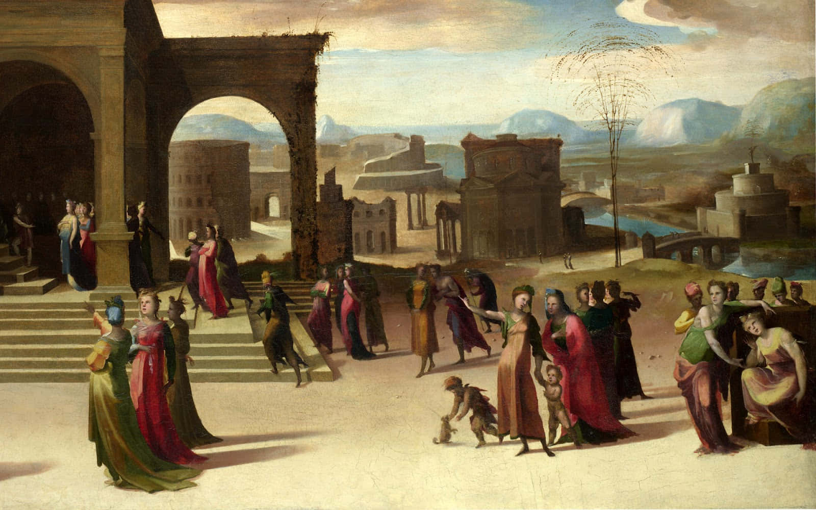 A Painting Of People In A Courtyard