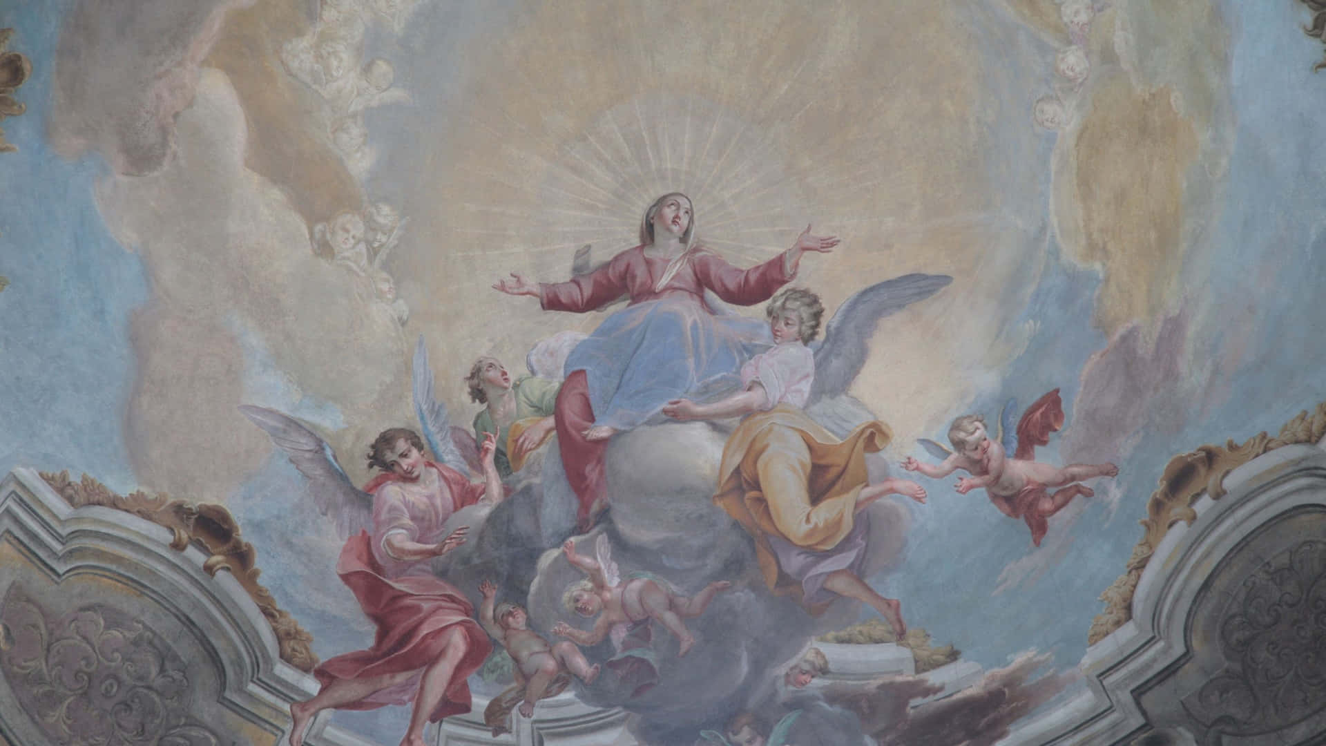 The Ceiling Of A Church With Jesus And Angels