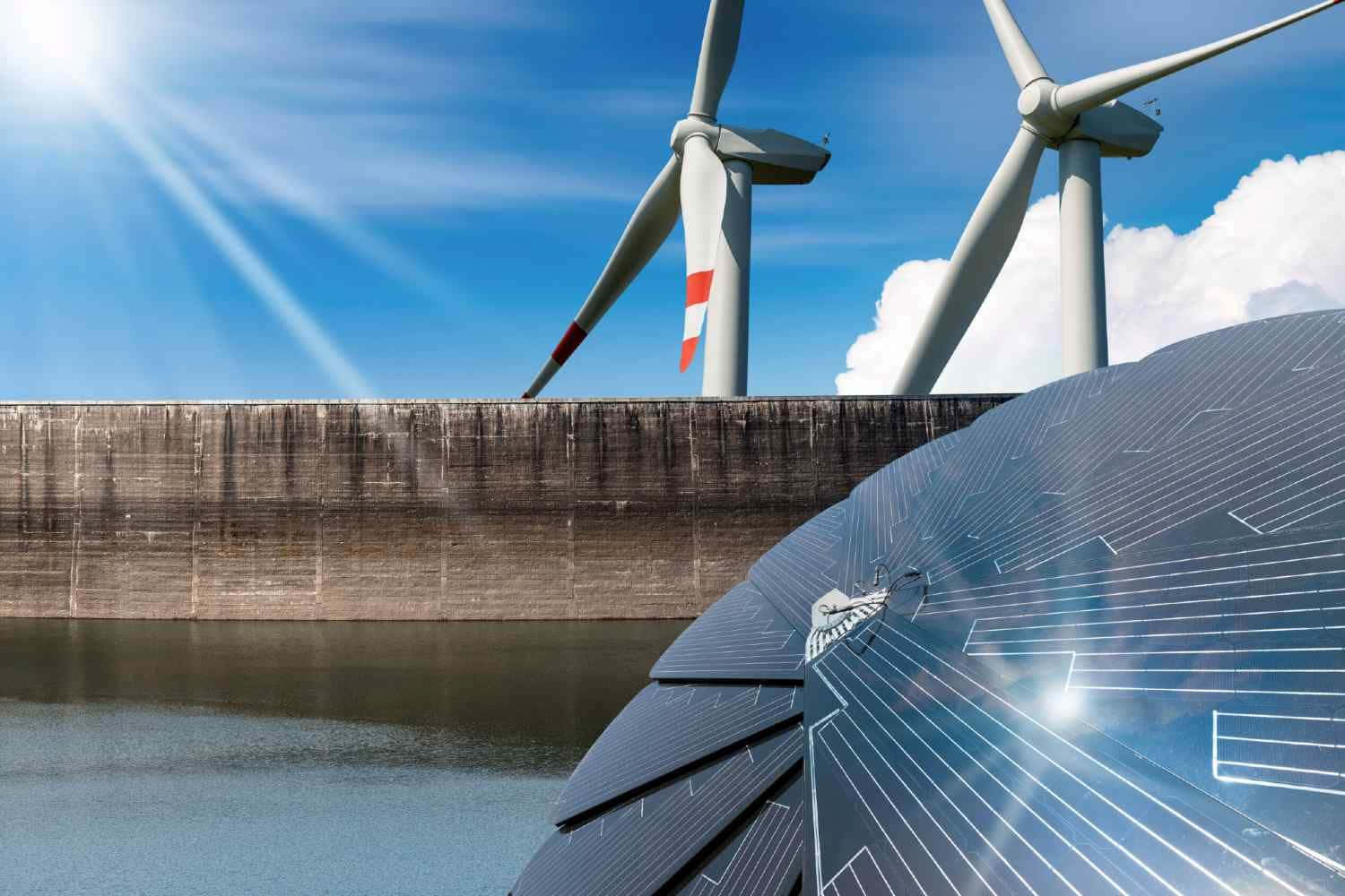 Zonnepanelen En Windturbines Die Schone Hernieuwbare Energie Genereren Achtergrond