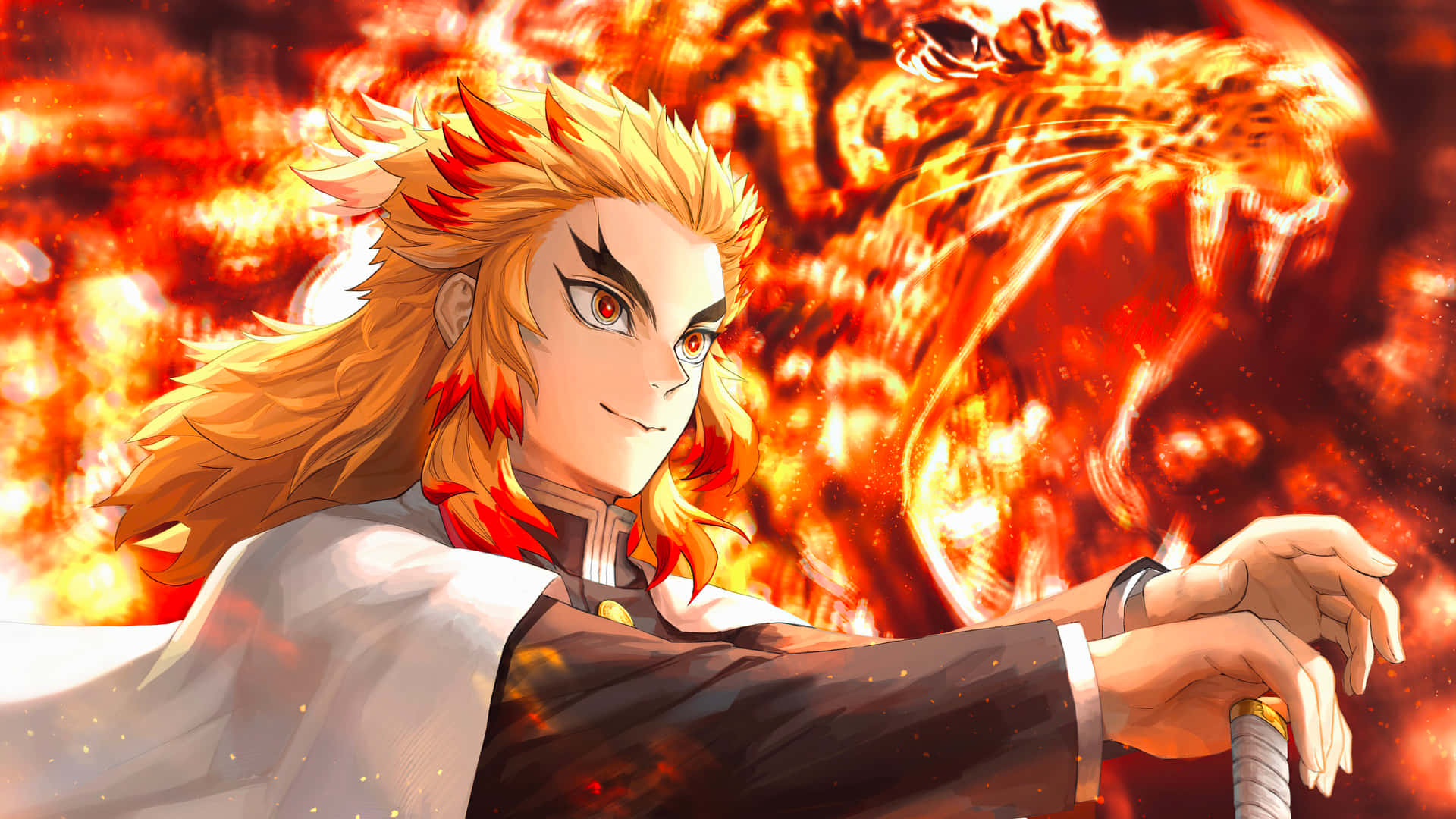 Rengoku, the Flame Hashira, in a powerful battle stance