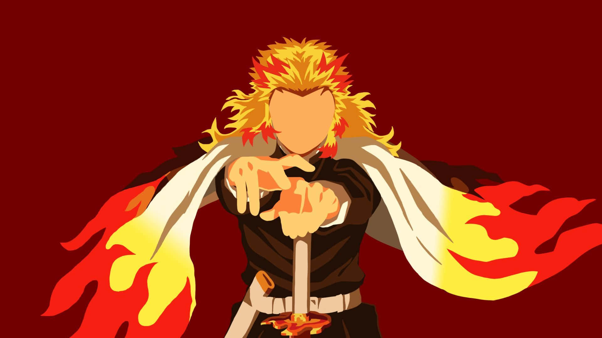Rengoku, the Flame Hashira, in a dramatic pose on a fiery background.