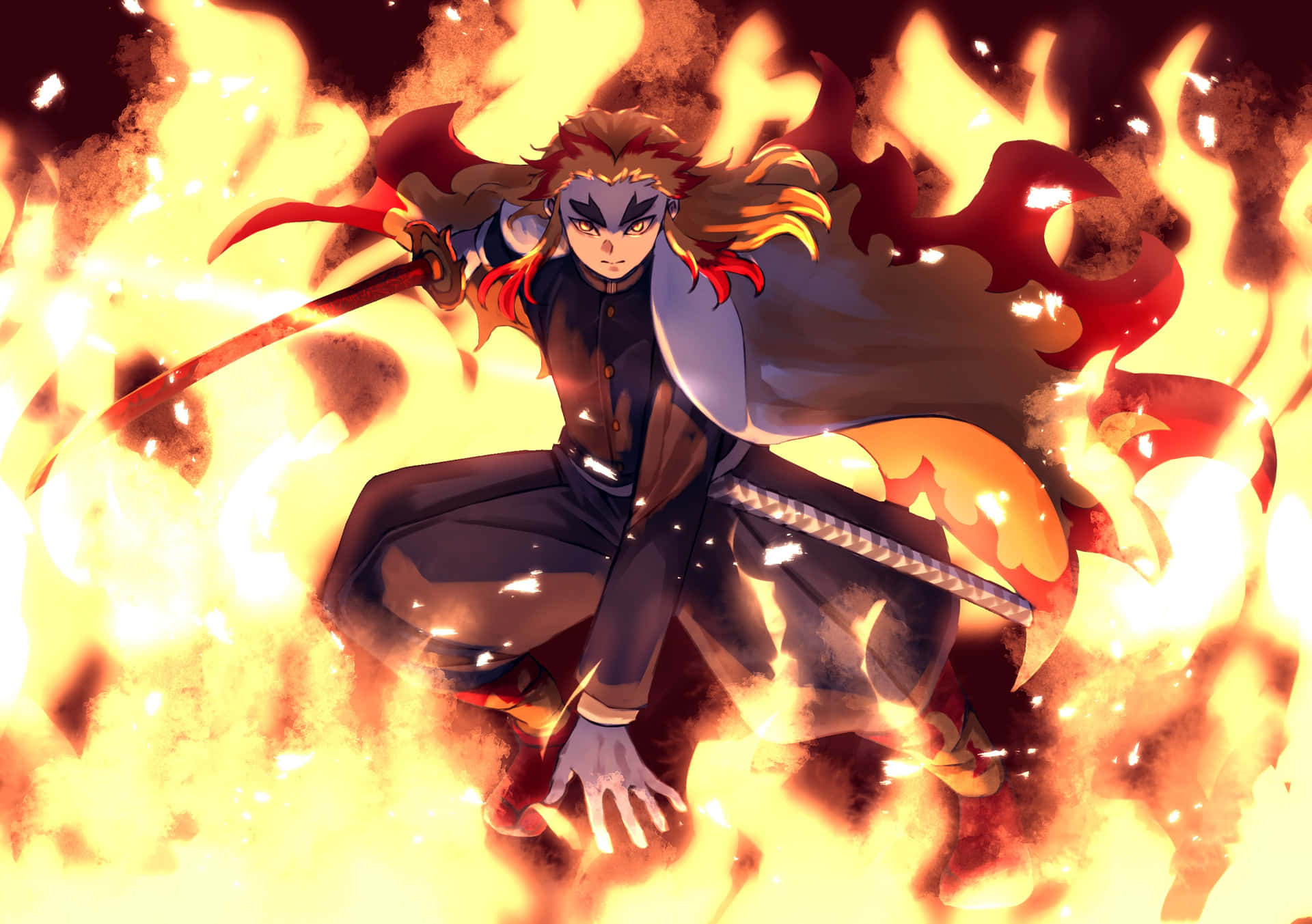 Rengoku, the Flame Hashira, in a fiery action pose.