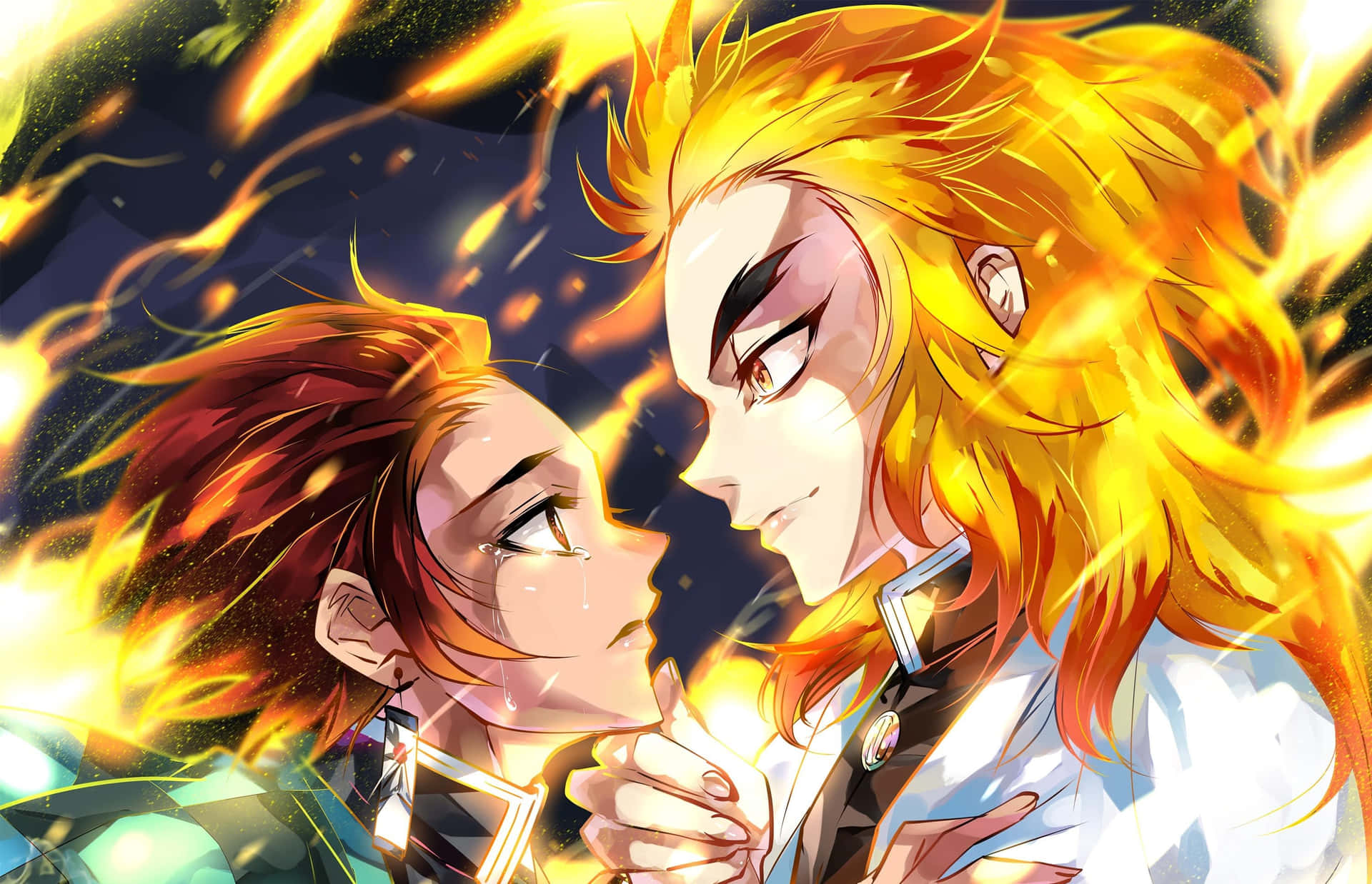 Rengoku and Tanjiro - A Fiery Duo in the World of Demon Slayer Wallpaper