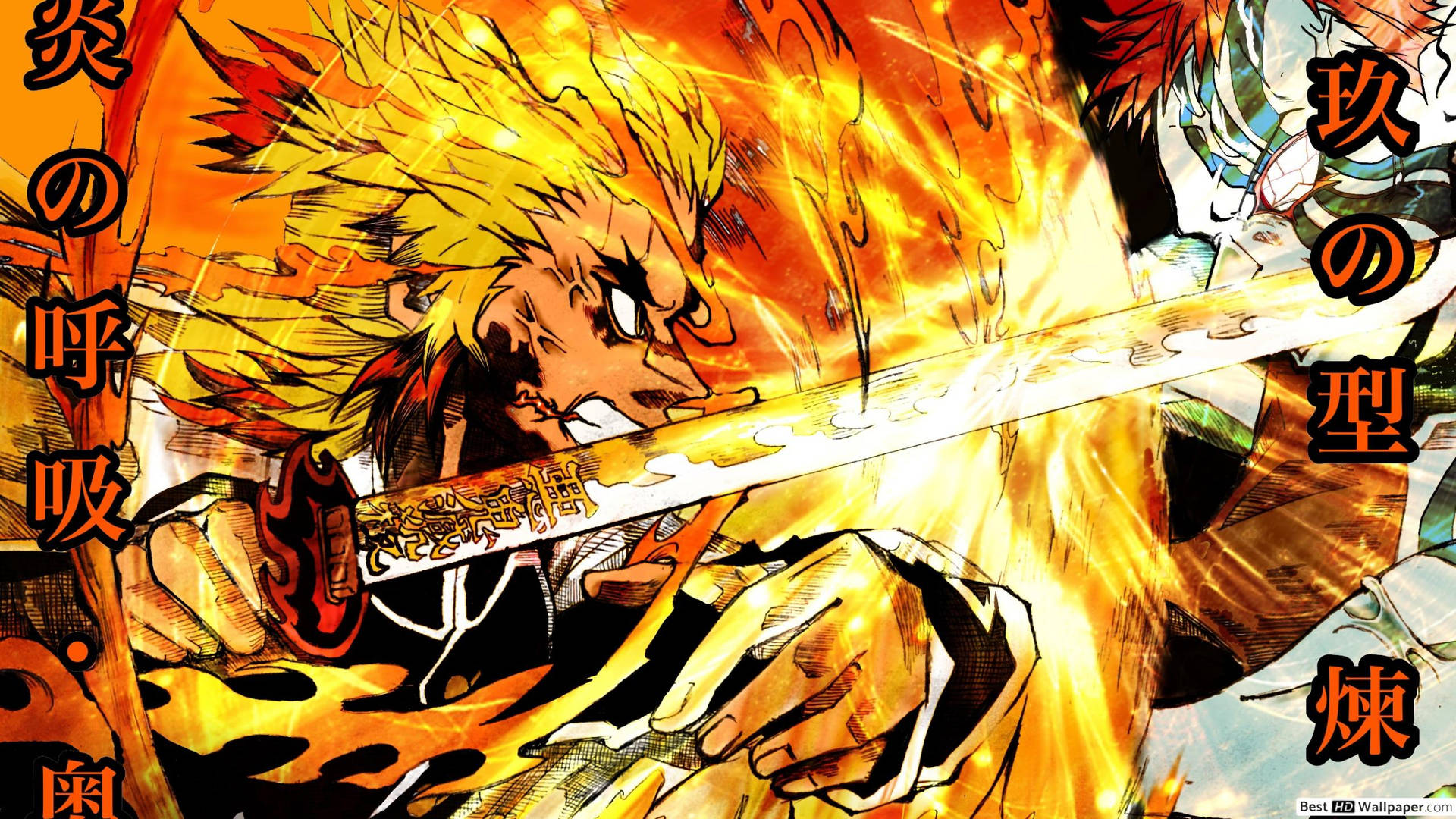 Rengoku Kyoujurou fighting with Akaza in the Flame Breath Form wallpaper.