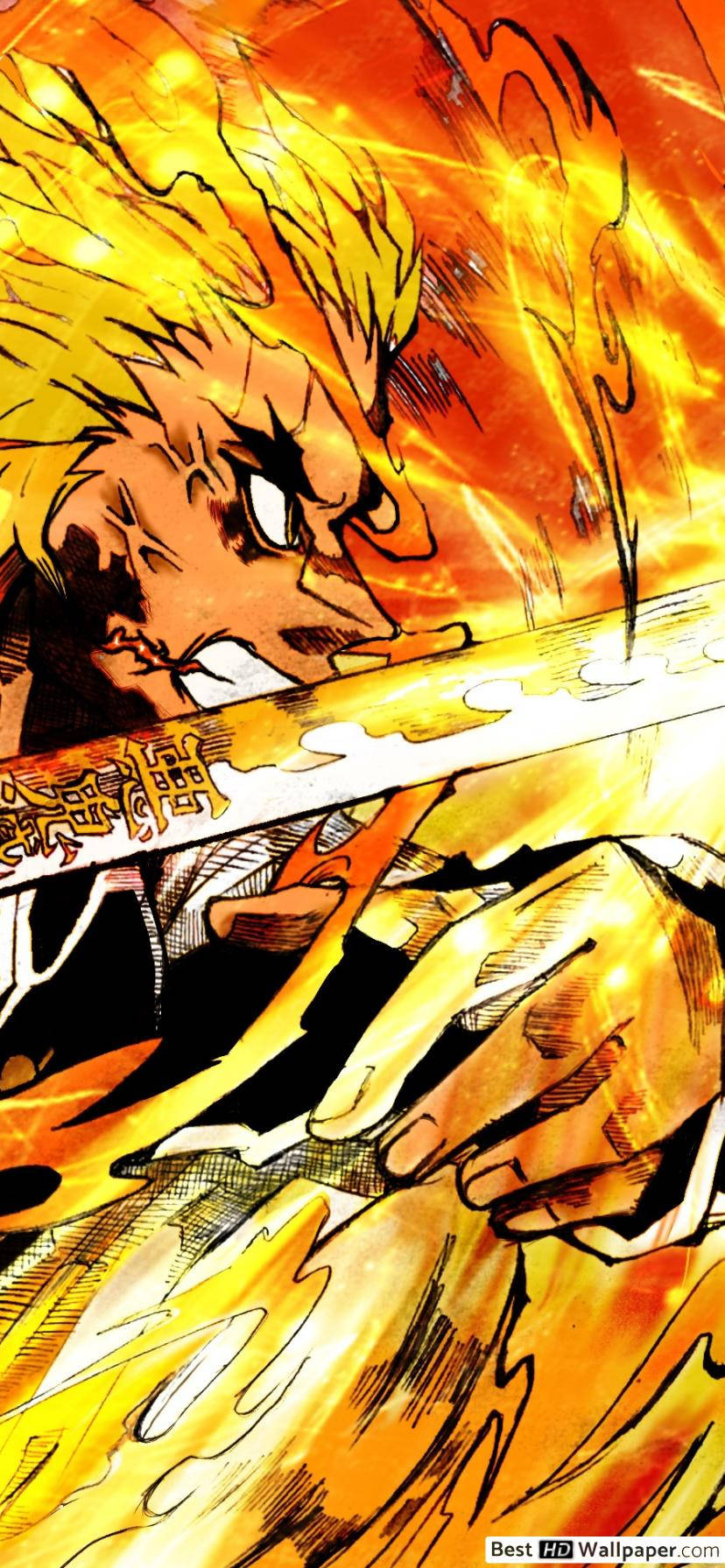 Rengoku attacking with his flame breathing wallpaper.
