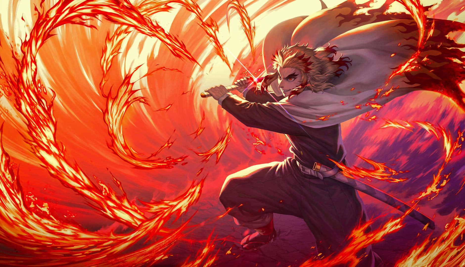 Rengoku with Flaming Sword Wallpaper