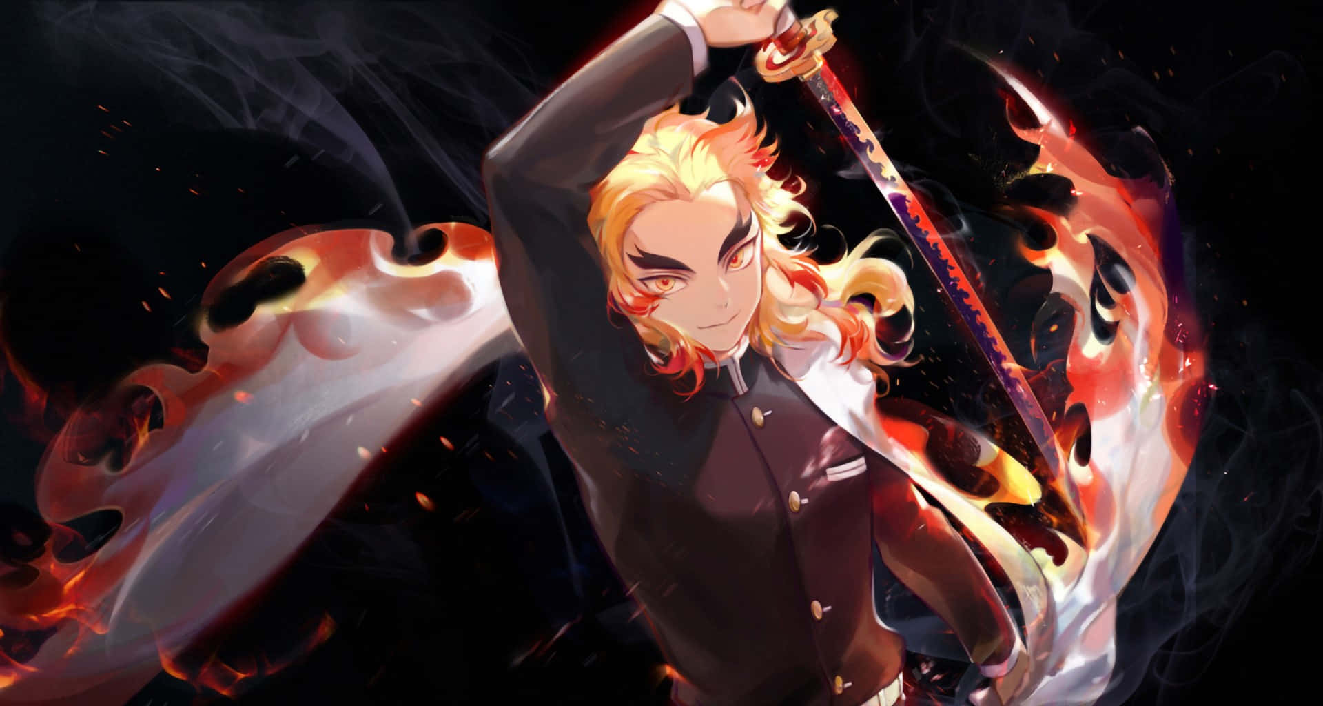 Rengoku wielding his flaming sword in a powerful stance Wallpaper