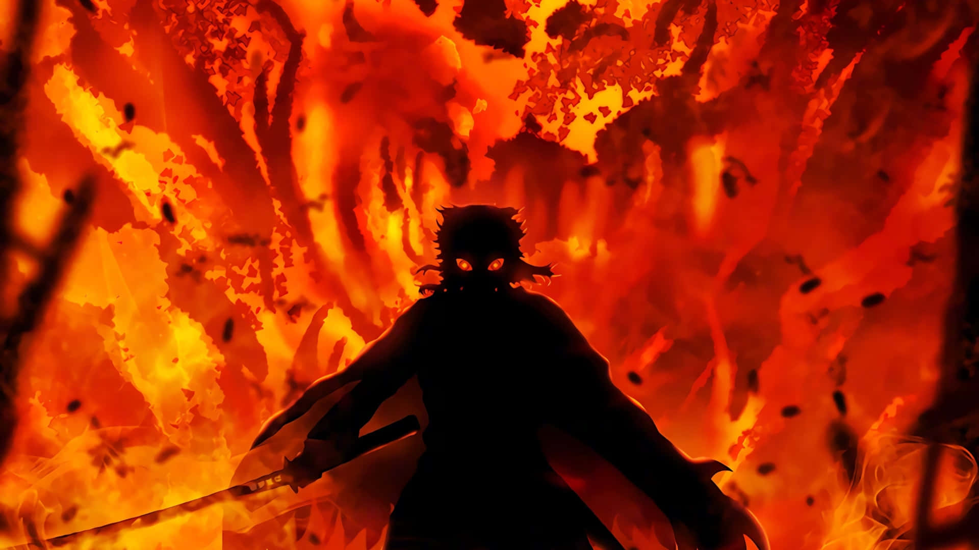 Rengoku's Flaming Sword in Demon Slayer Wallpaper