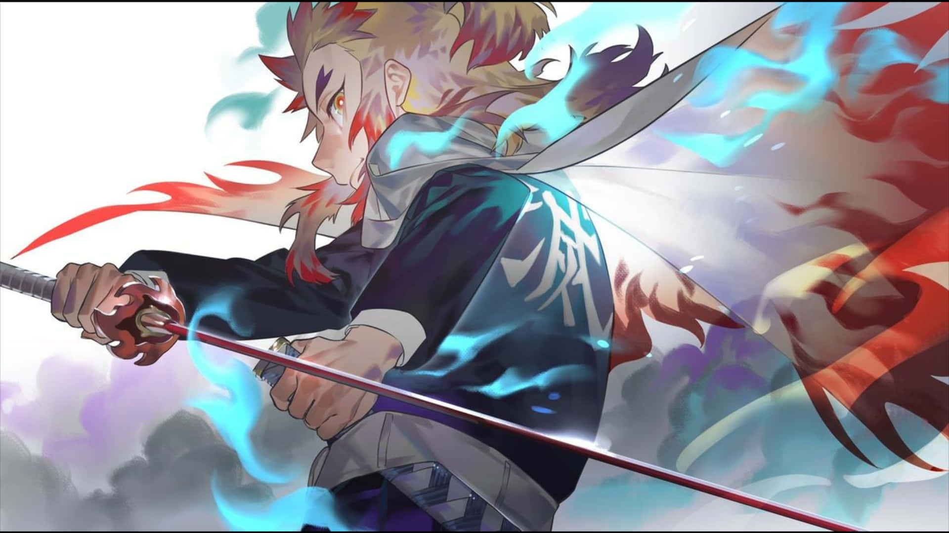 Rengoku wielding his fiery sword in a powerful stance Wallpaper