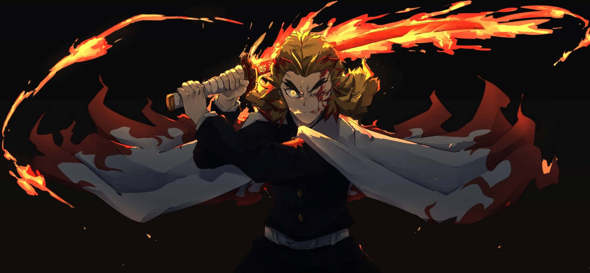 Rengoku wielding his fiery sword Wallpaper