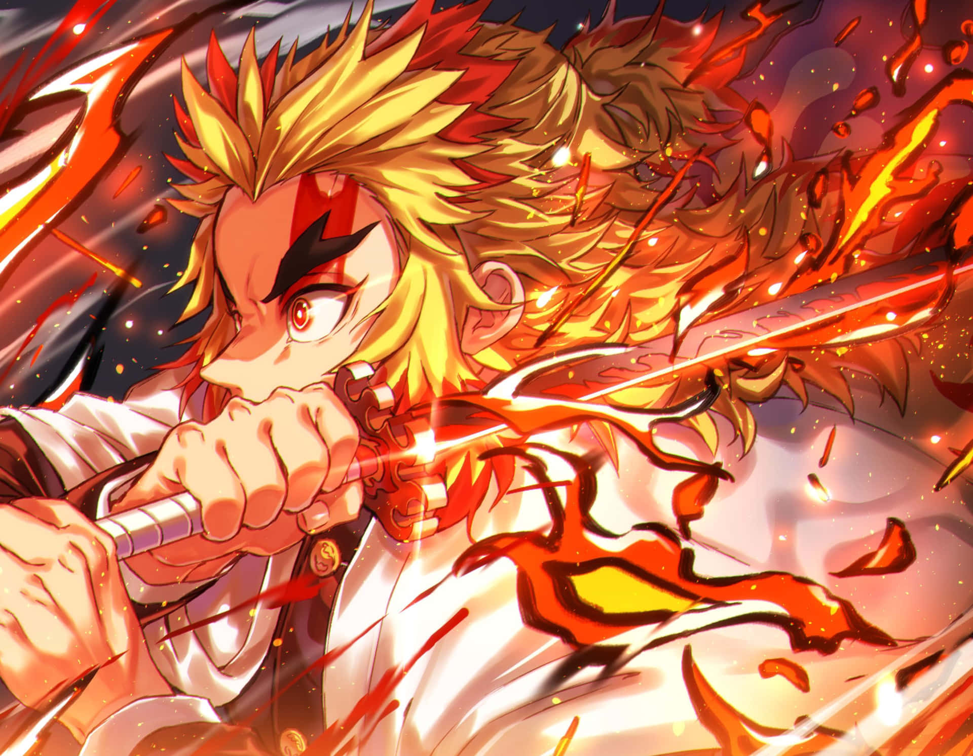 Rengoku's Fiery Sword in Action Wallpaper