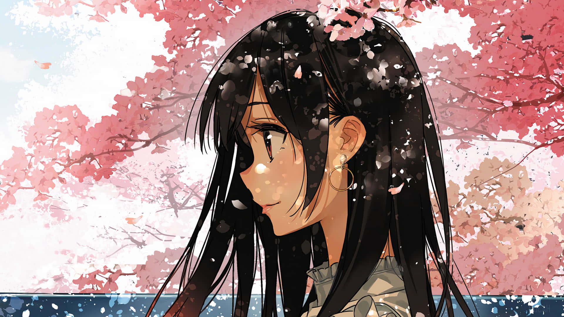 A Girl With Long Hair And Pink Blossoms Wallpaper