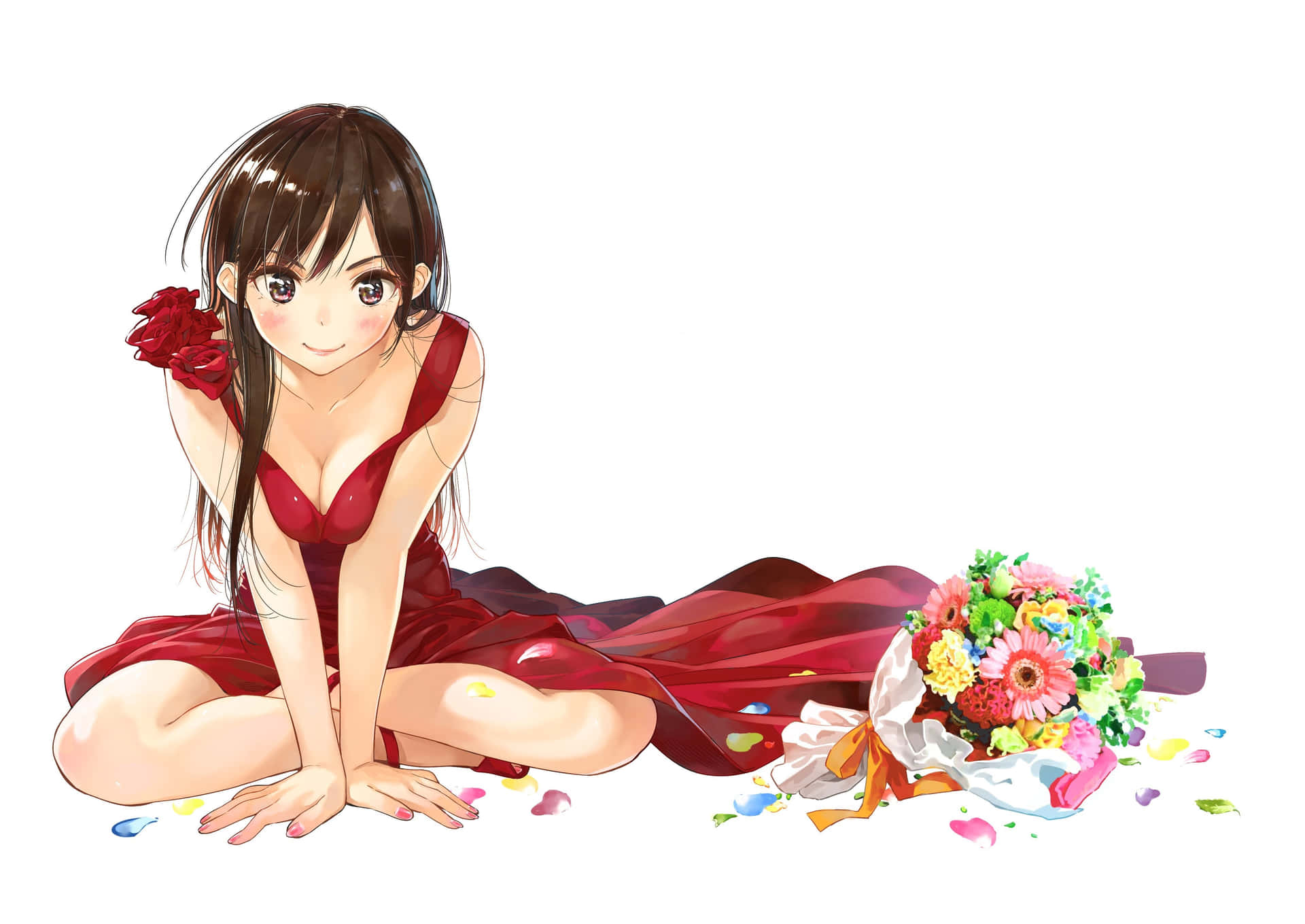 En pige i en rød kjole, der sidder på jorden med blomster. Wallpaper