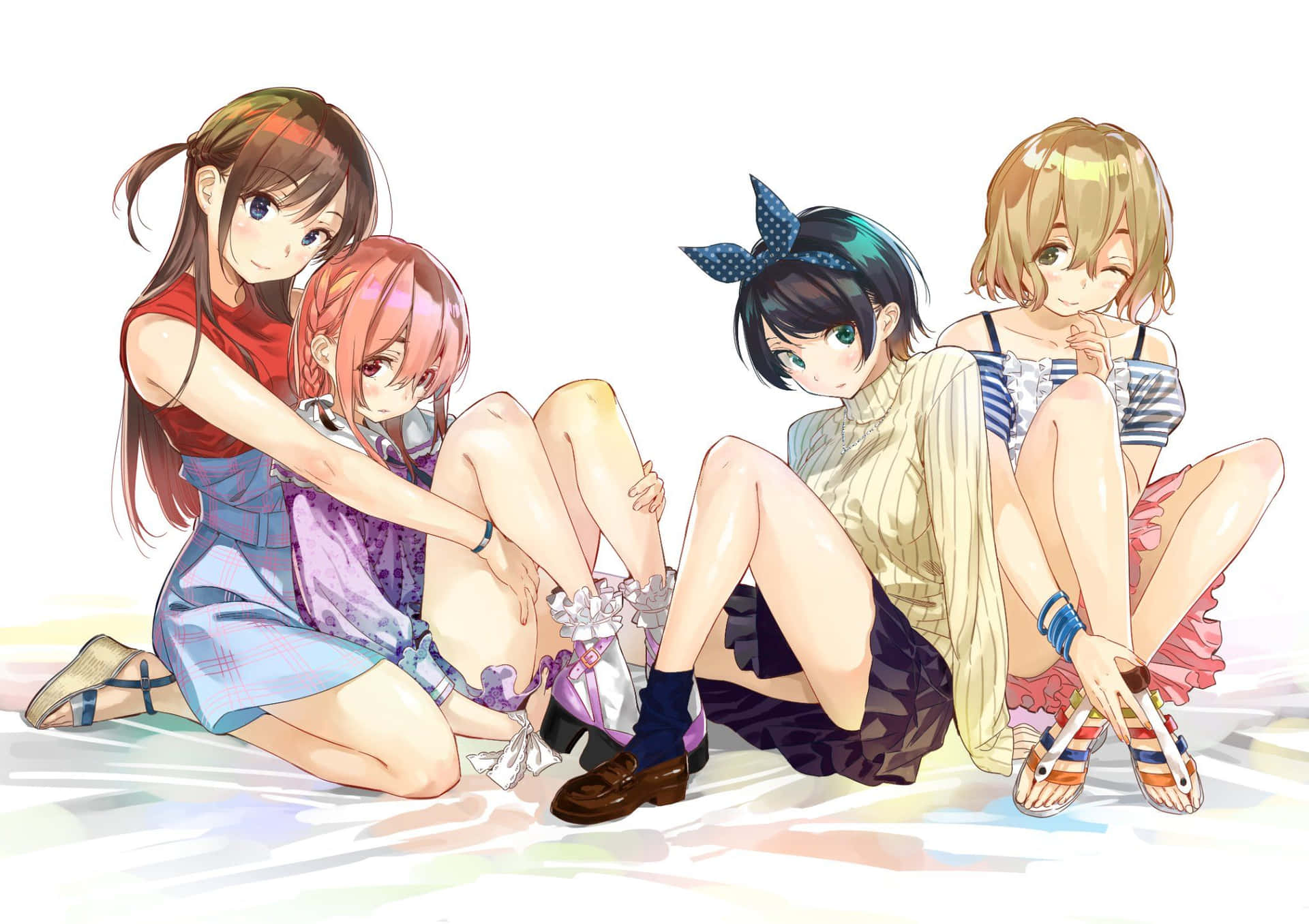 Fire anime piger, der sidder på gulvet. Wallpaper