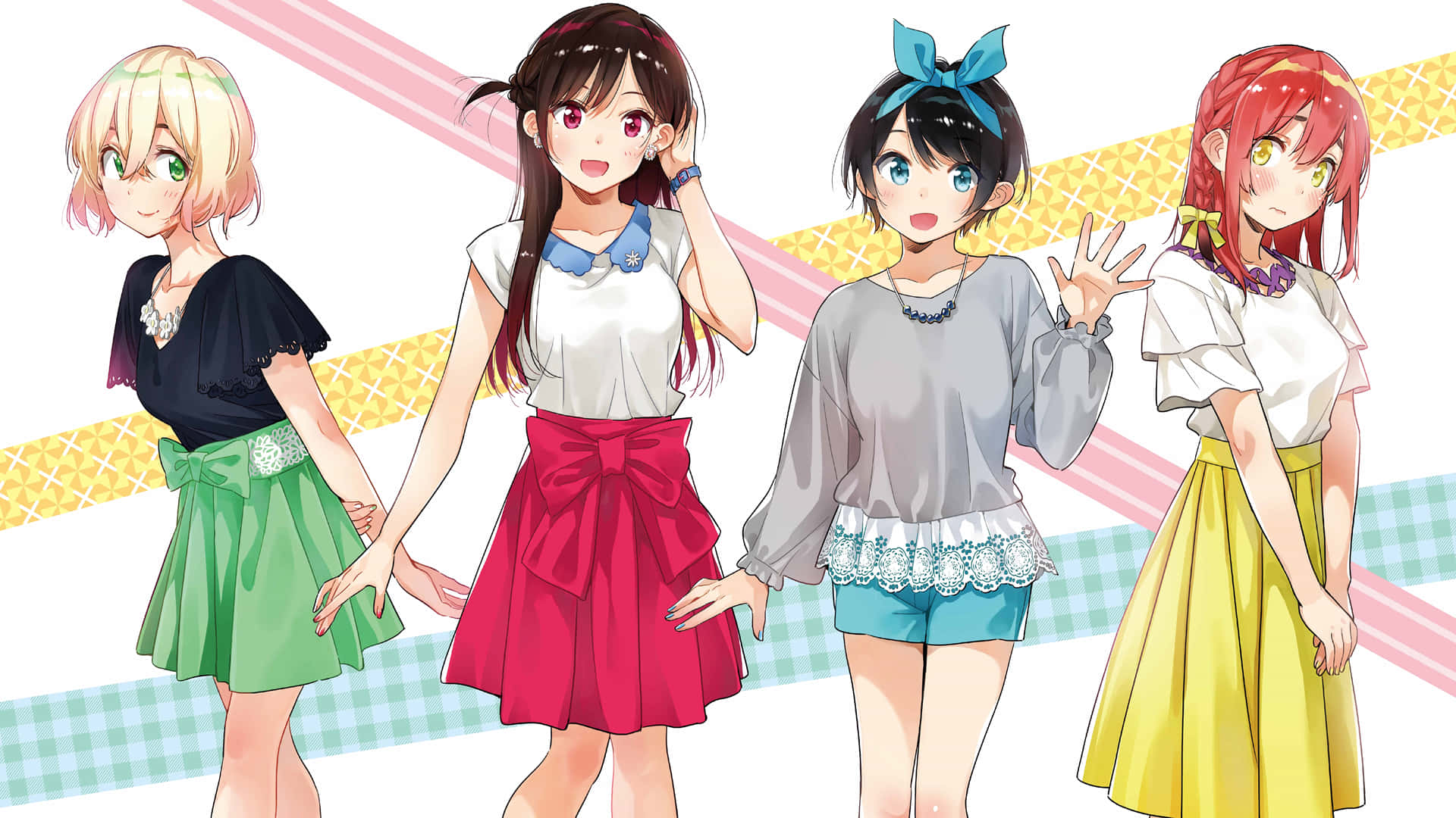 Fire anime-piger i forskellige farver Wallpaper