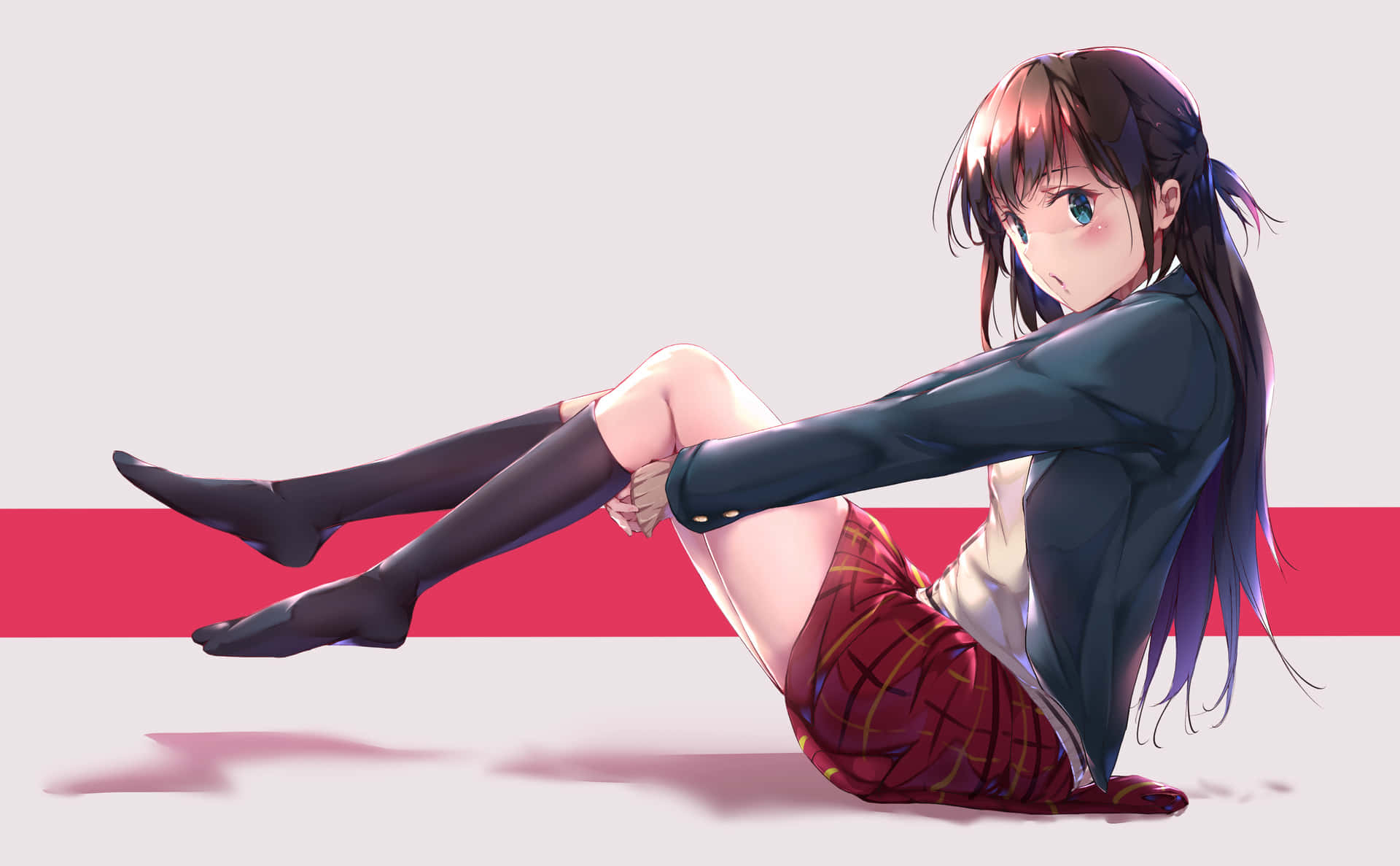 A Girl In A Skirt And A Jacket Is Sitting On The Ground Wallpaper
