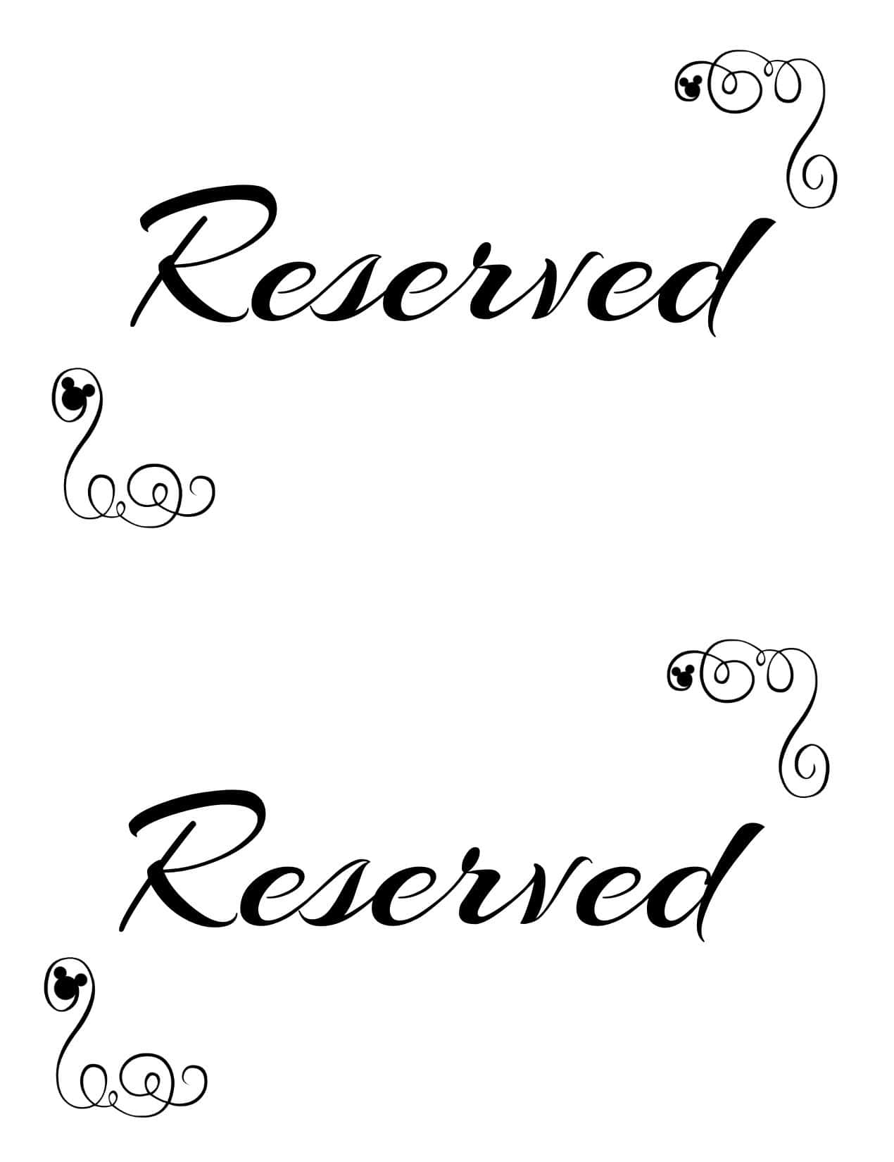Reserved Printables HD Wallpaper — Elegant black script reads 'Reserved' twice with decorative swirls featuring Mickey Mouse silhouettes in corners on white background.