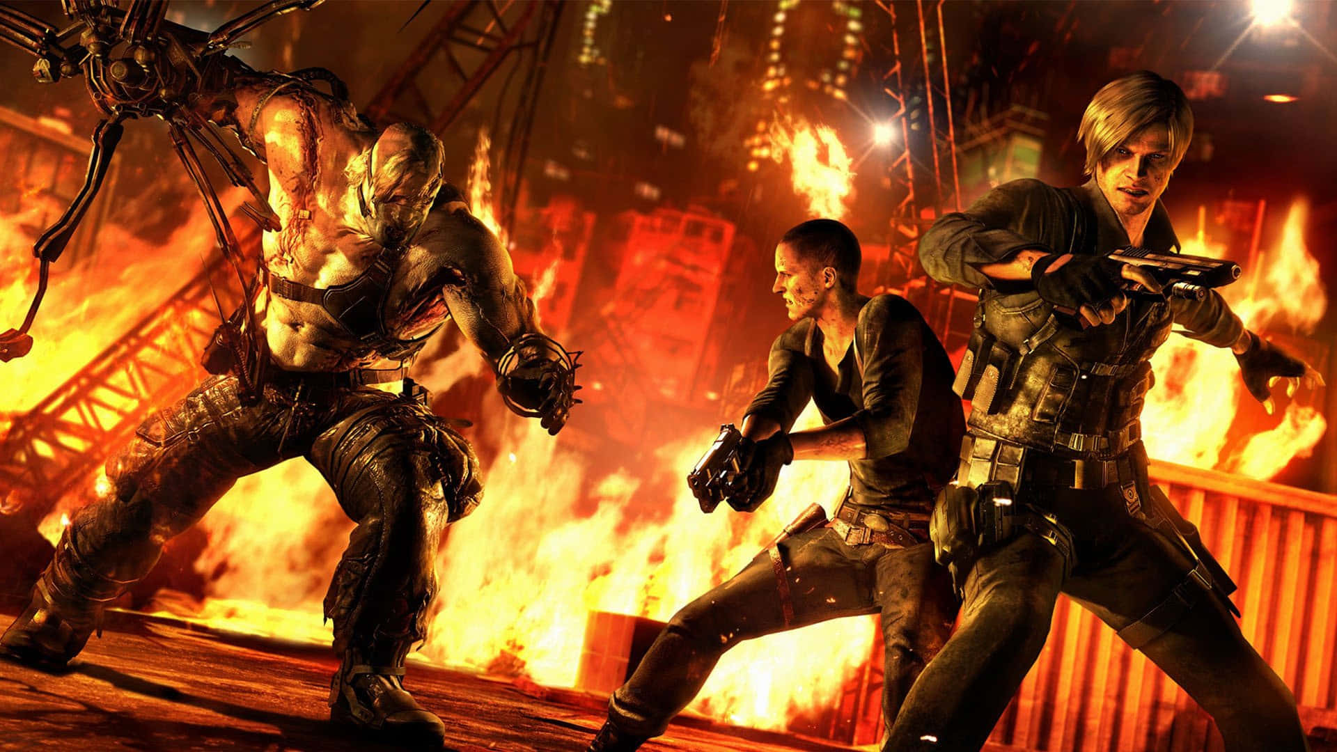 Intense Resident Evil scene with main characters in action.