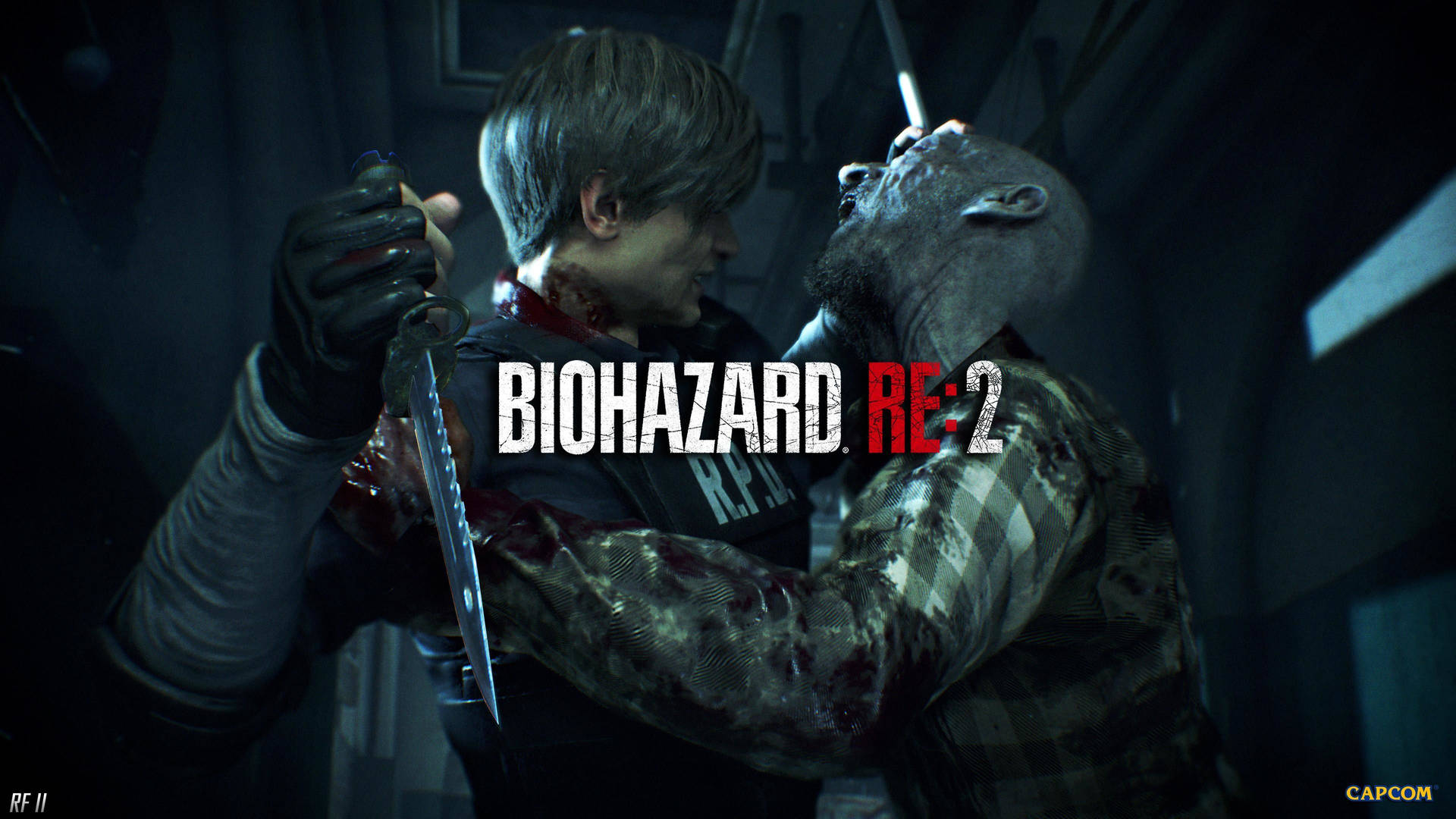 Leon Kennedy fights for survival in Raccoon City against a zombie horde in Capcom's classic, Resident Evil 2 Wallpaper