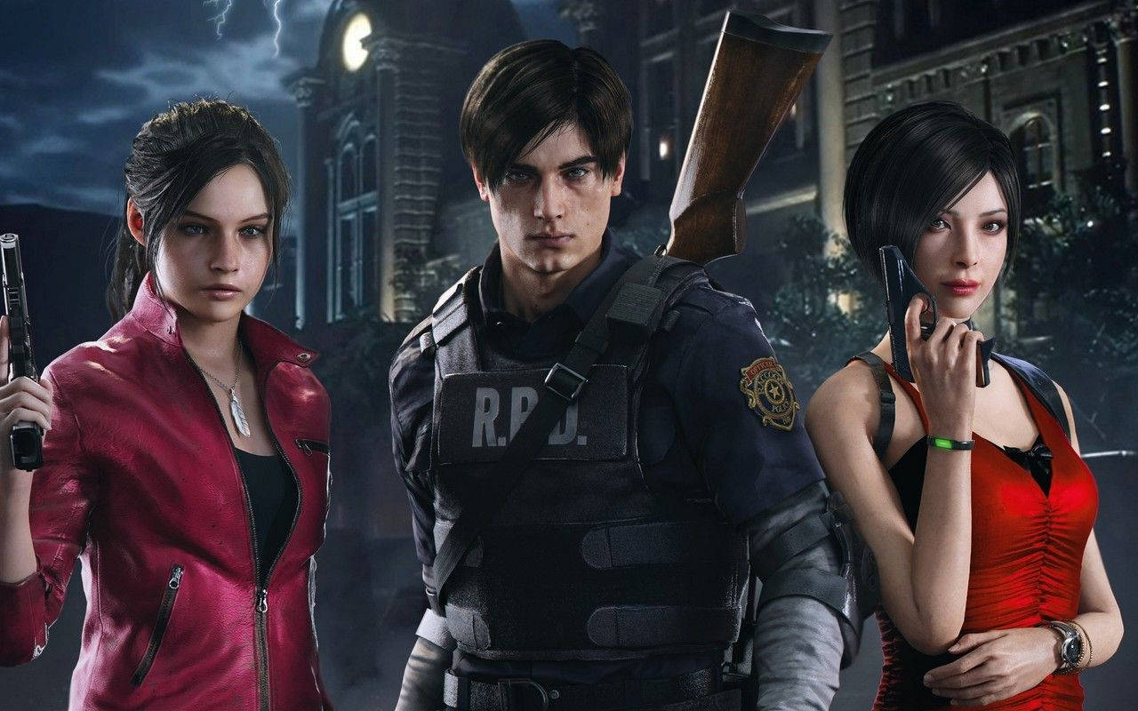 Resident Evil 2 Characters Outside Building Background