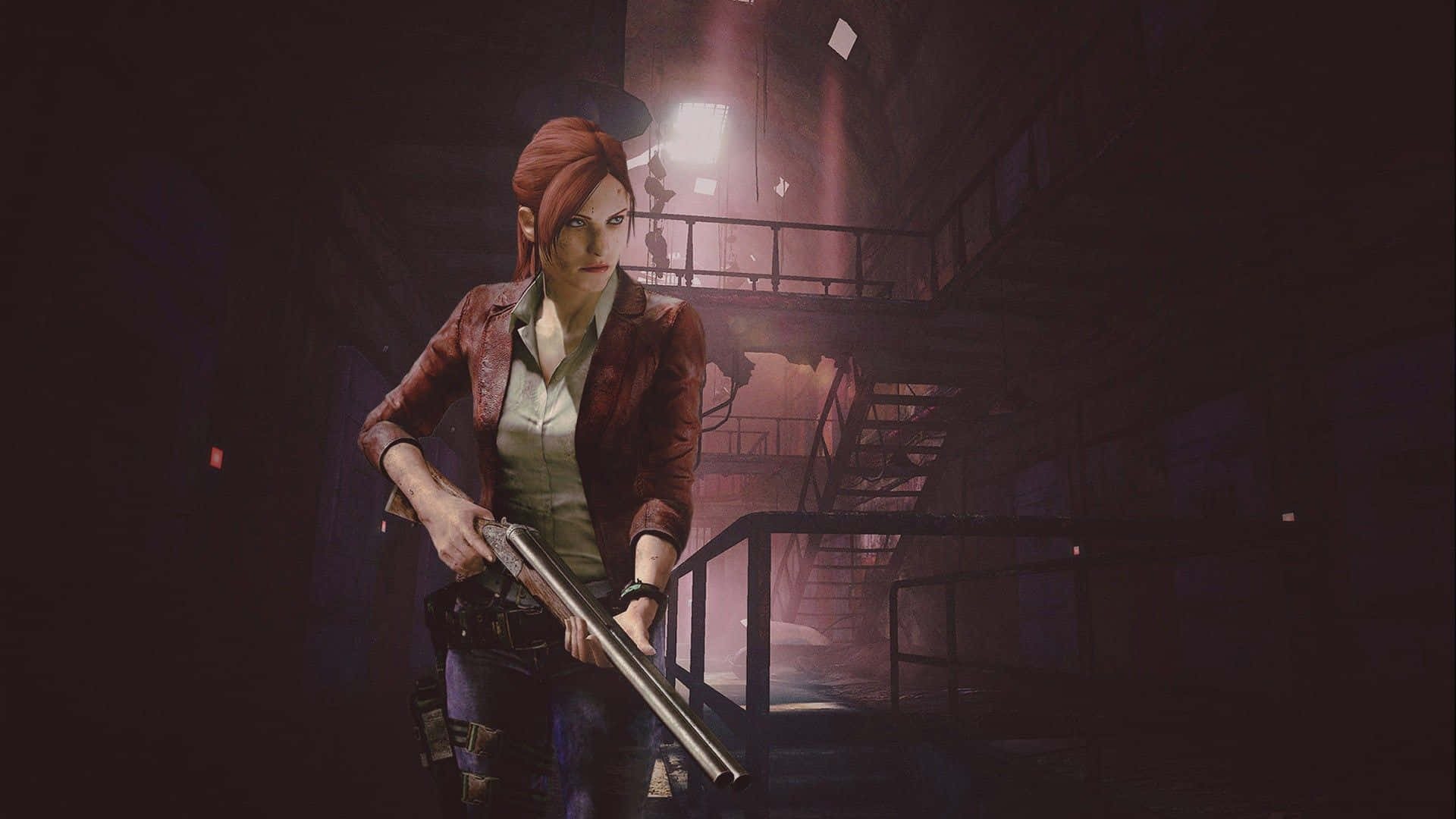 Resident Evil 2 Claire With Shotgun In Dark Building Wallpaper