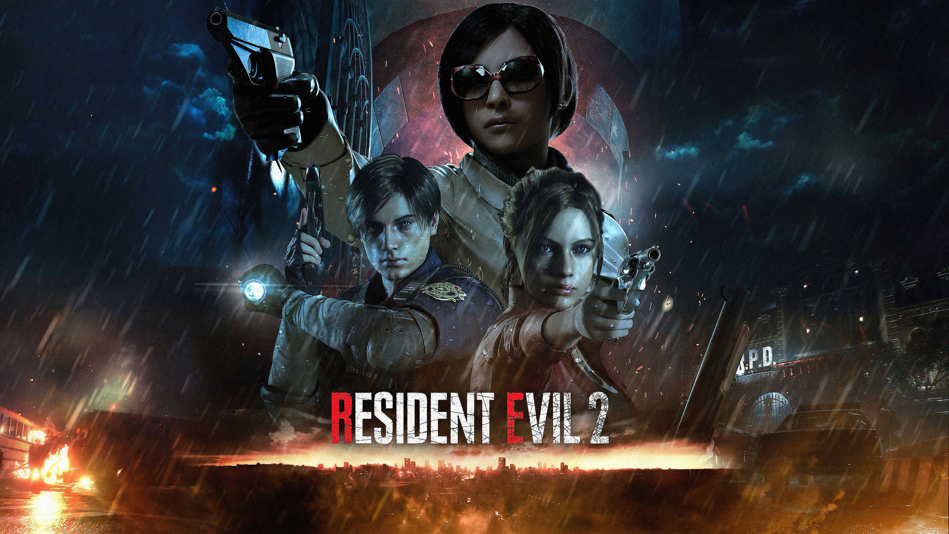 Resident Evil 2 Game Cover Rain And Fire Background