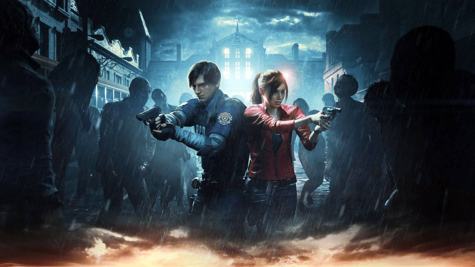 Resident Evil 2 Leon And Claire On Rain And Fire Background