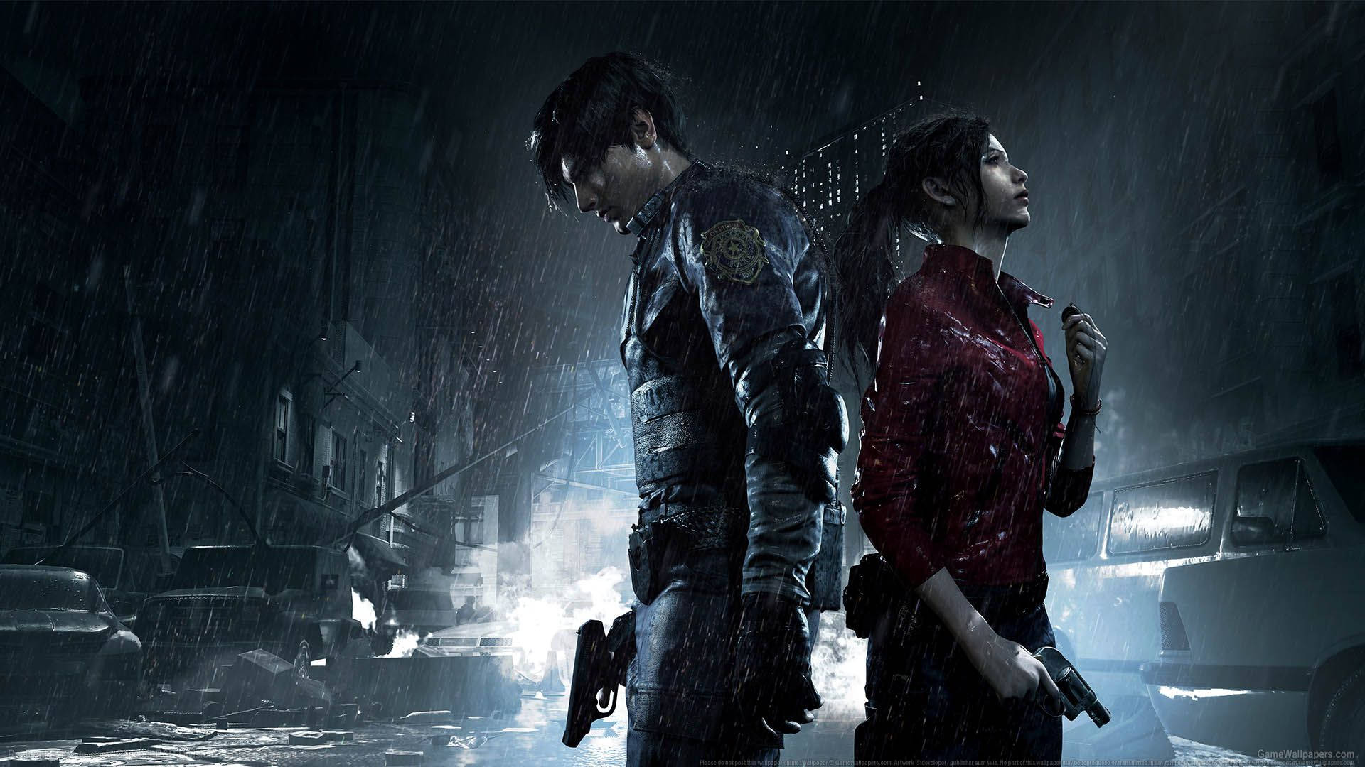 Leon and Claire search for answers on a rainy night in Raccoon City Wallpaper
