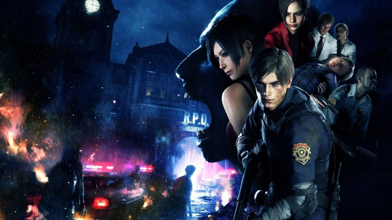 Resident Evil 2 Remake Characters And Burning Rpd Wallpaper
