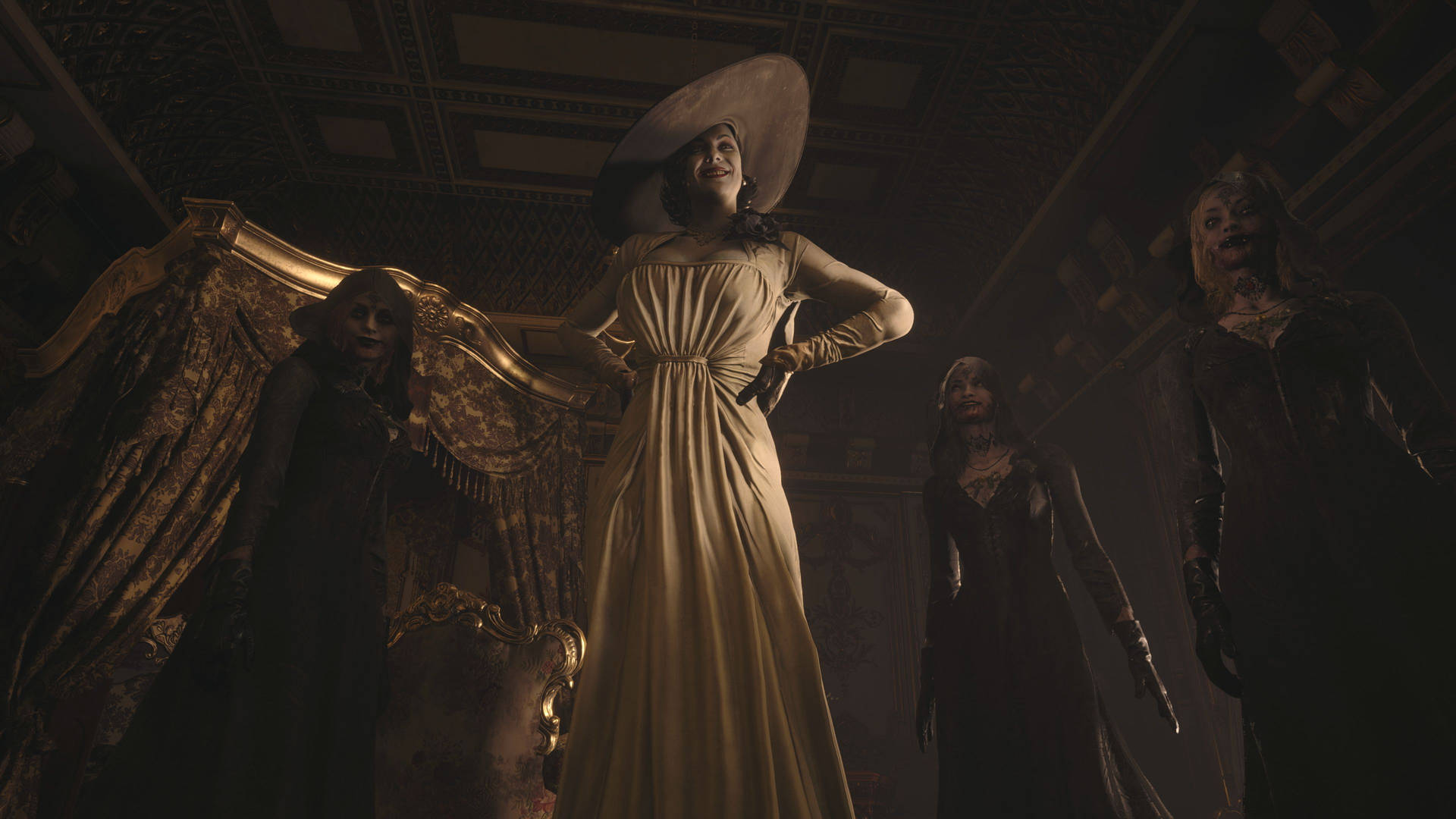 Eerie Background: Skræmmende baggrund med tre hekser fra Resident Evil 8 Dimitrescu. Wallpaper