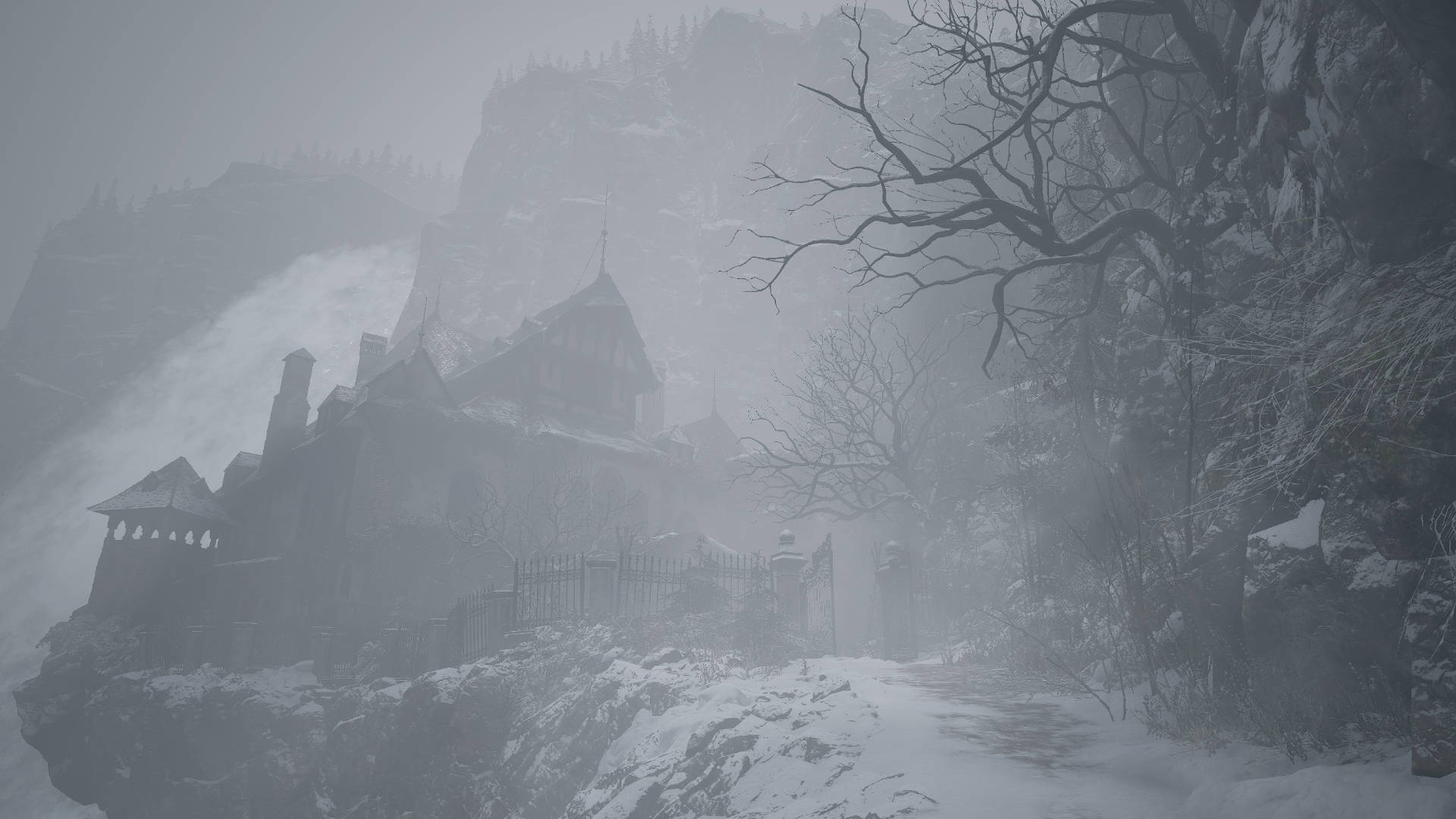 Resident Evil 8: Village Foggy View langsomt bevæger sig gennem den tågede landsby. Wallpaper