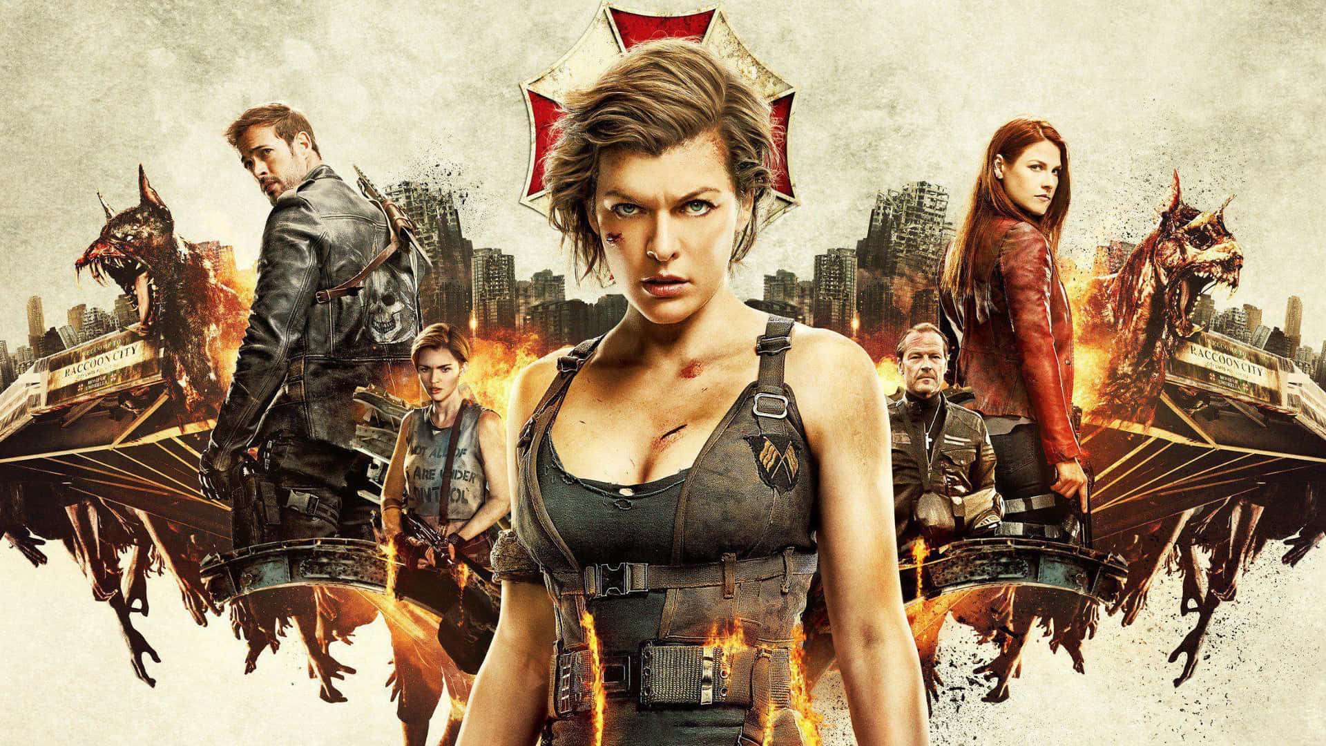 The iconic Resident Evil characters unite on a dystopian backdrop Wallpaper