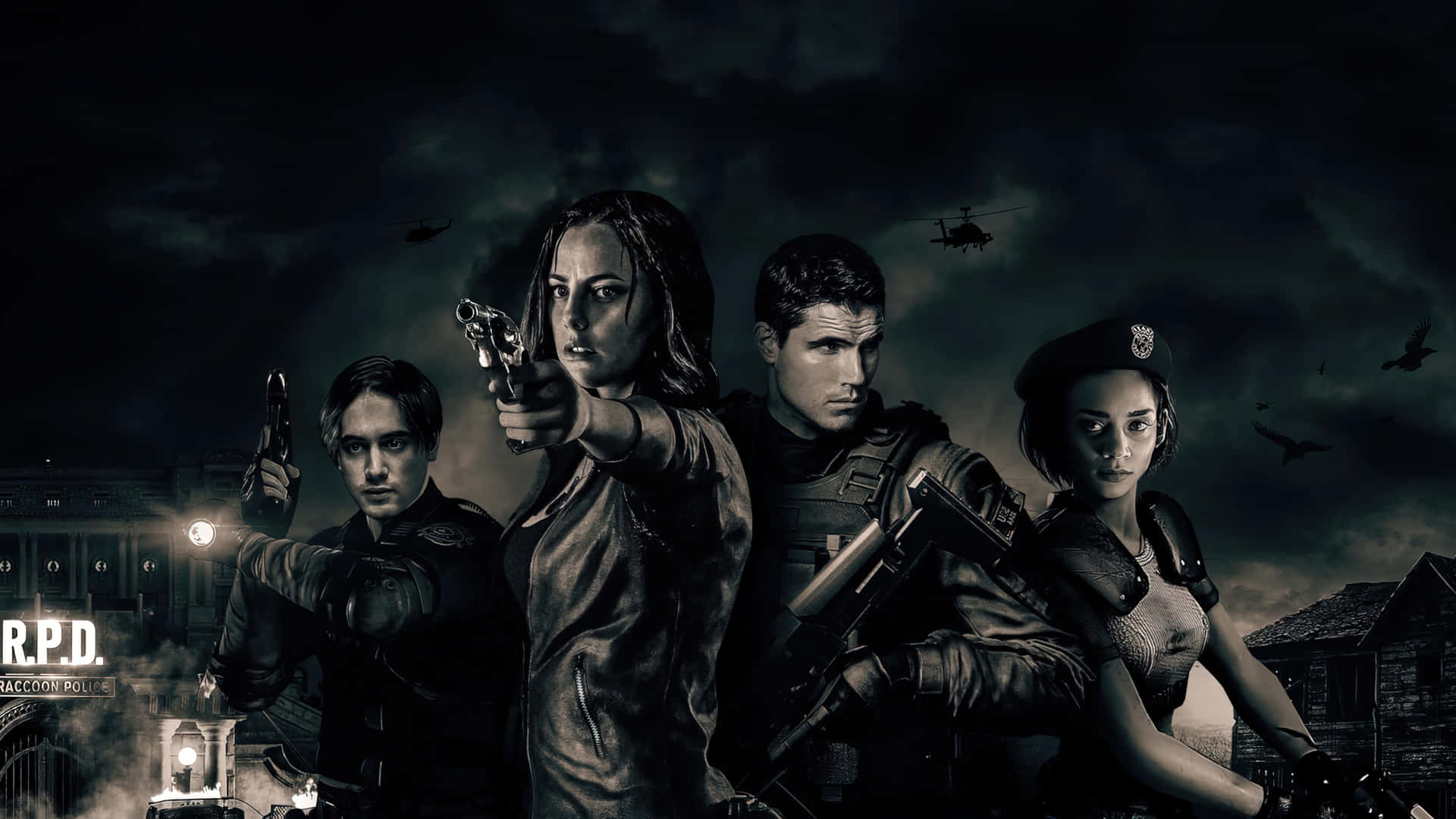 A memorable moment featuring iconic Resident Evil characters Wallpaper