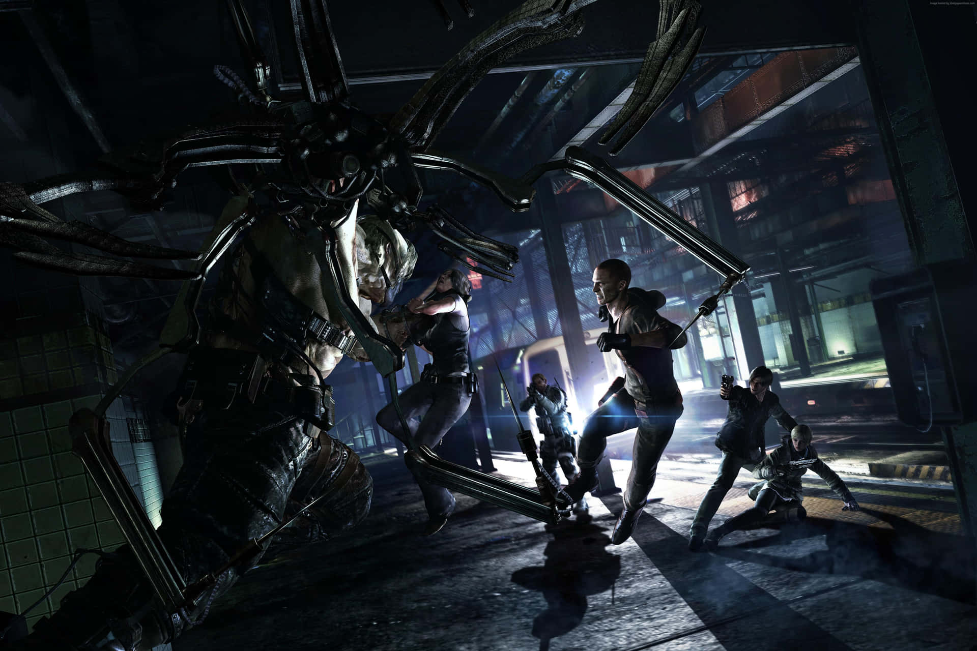 En gruppe mennesker i et mørkt område med en enorm edderkop i baggrunden. Wallpaper