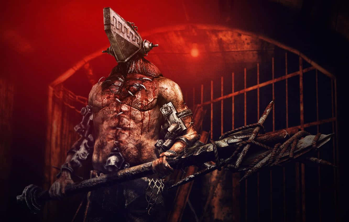 A Man With A Sword In Front Of A Cage Wallpaper