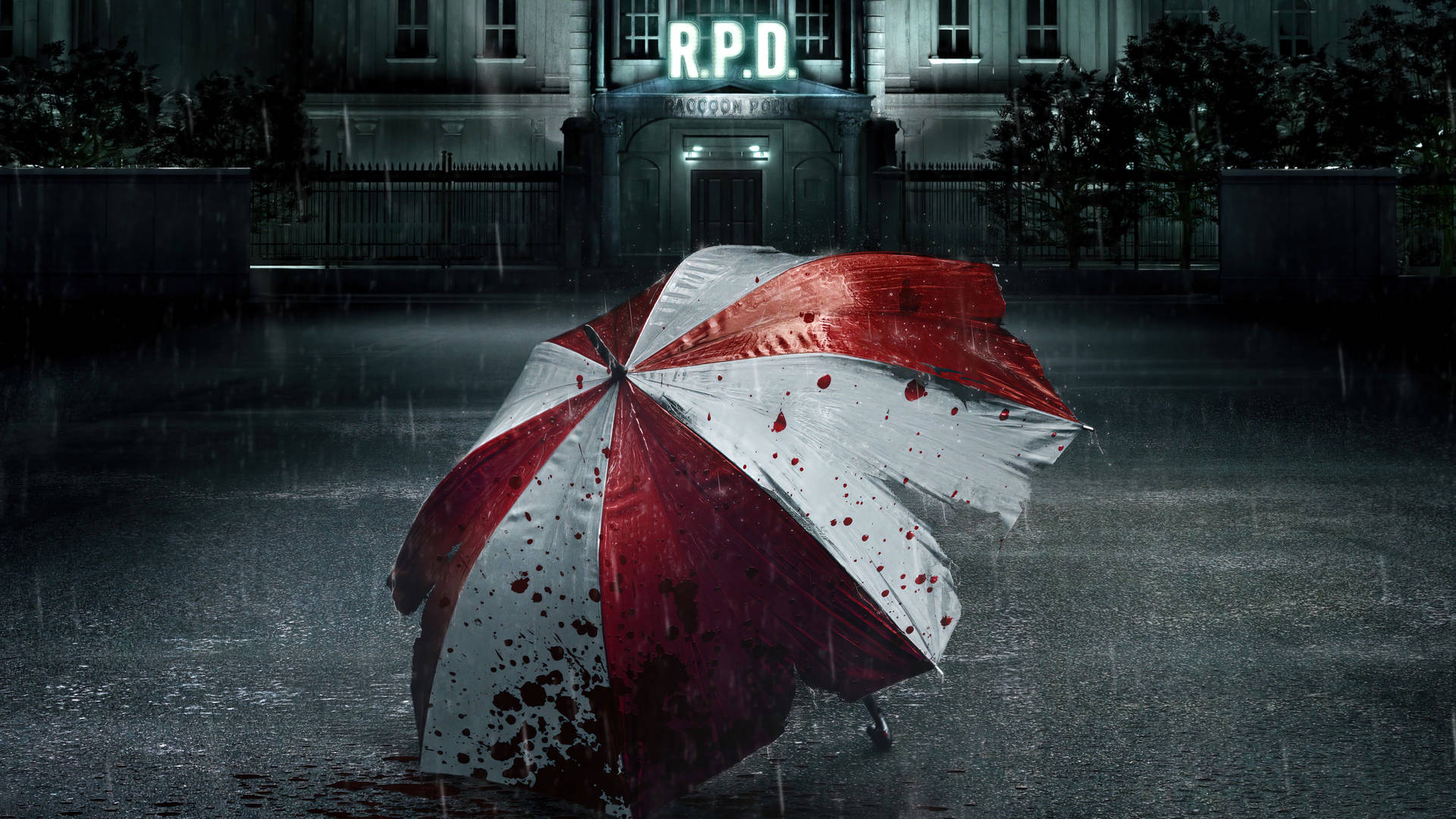 Velkommen til Raccoon City ikonisk Umbrella Corporation Wallpaper Wallpaper
