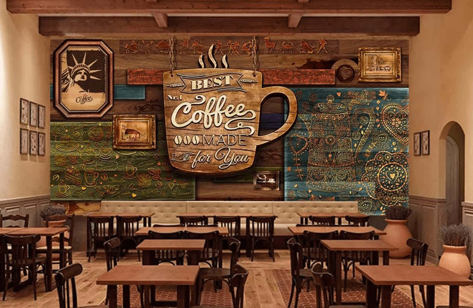 A Coffee Shop With Tables And Chairs And A Mural