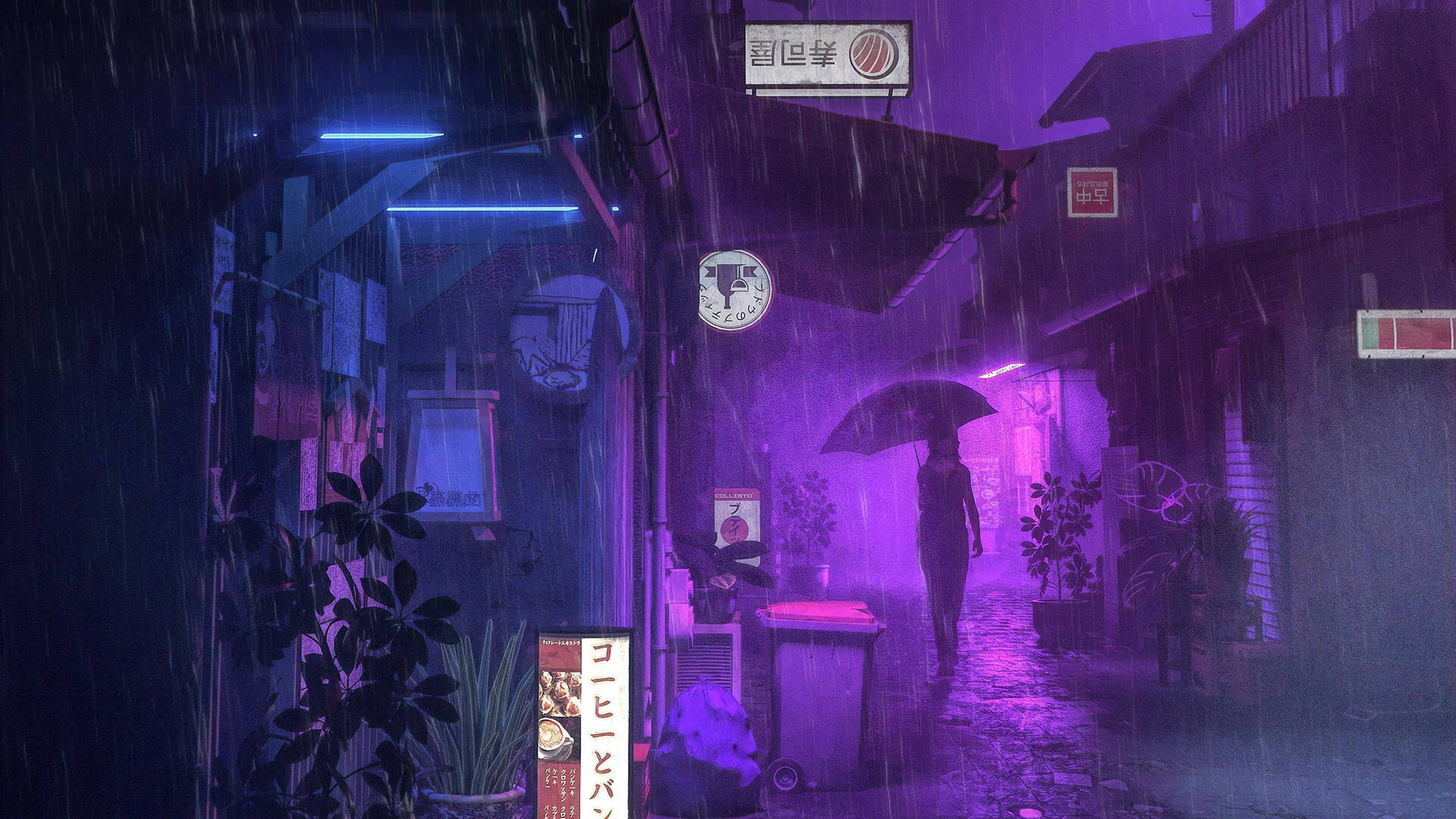 Restaurants Under Rain Aesthetic Purple Neon Computer Wallpaper