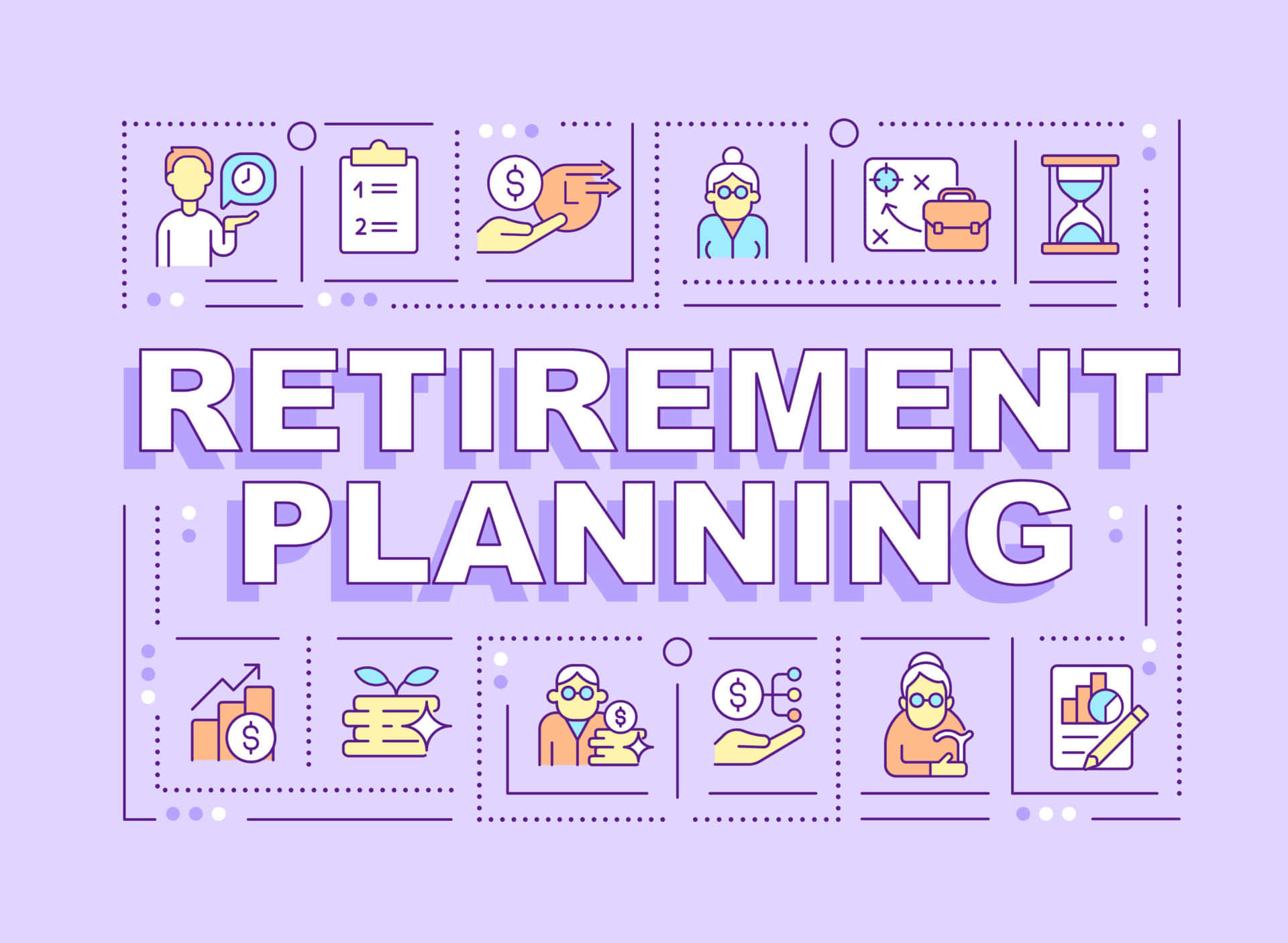 Retirement Planning Icon With Icons On Purple Background