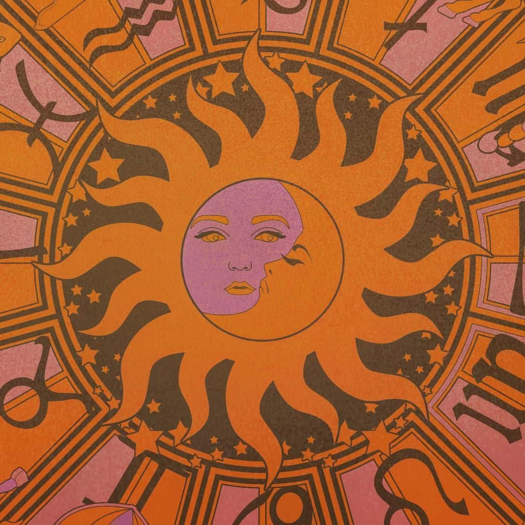 En plakat med solen og månen i midten.