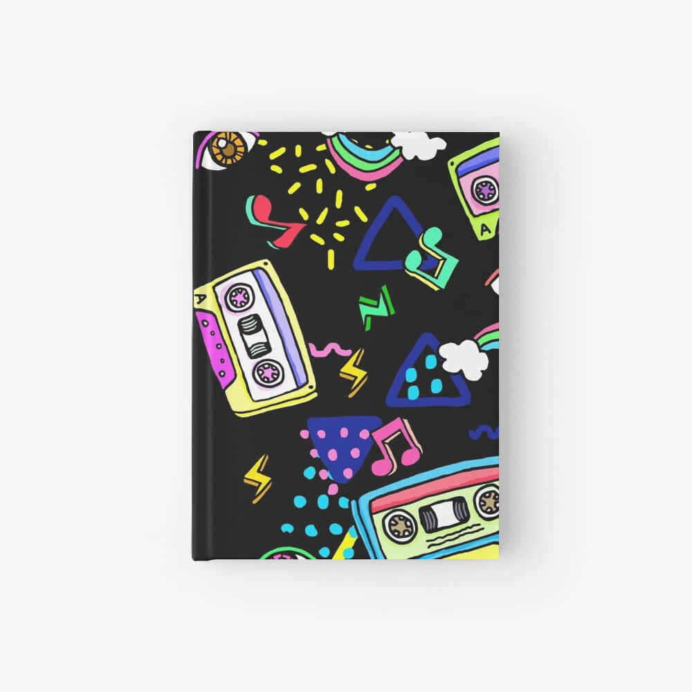 A Hardcover Journal With A Colorful Design Of Cassettes And Other Things
