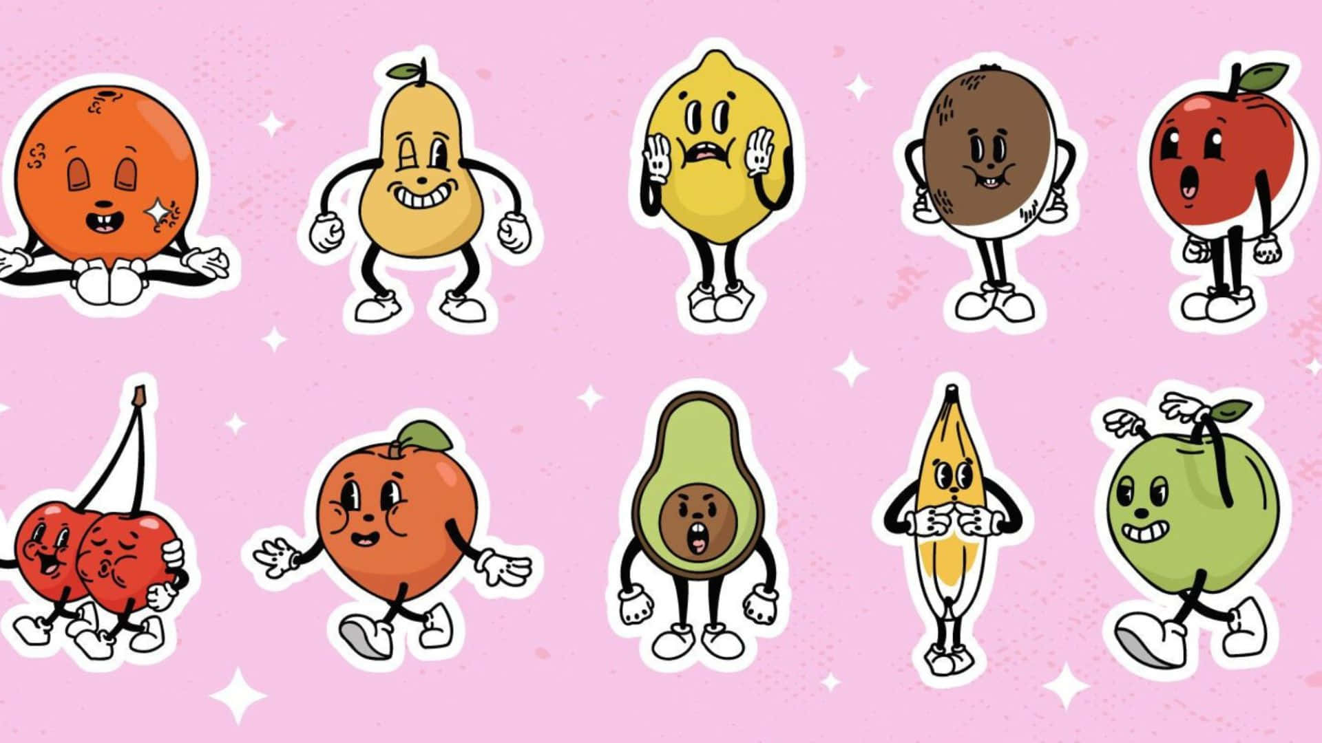 Retro_ Animated_ Fruit_ Characters Wallpaper