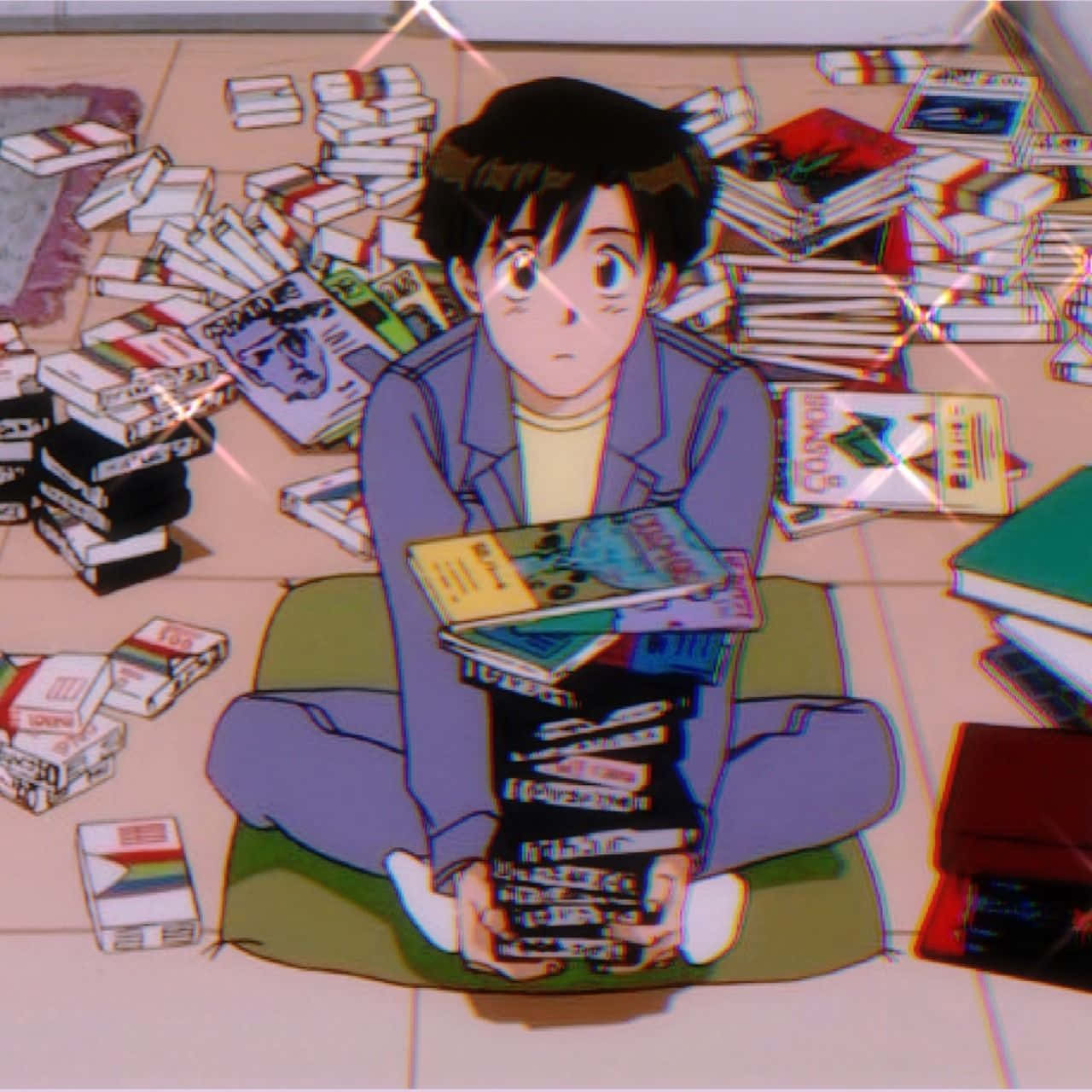 En dreng sidder på gulvet med bøger i sine hænder Wallpaper