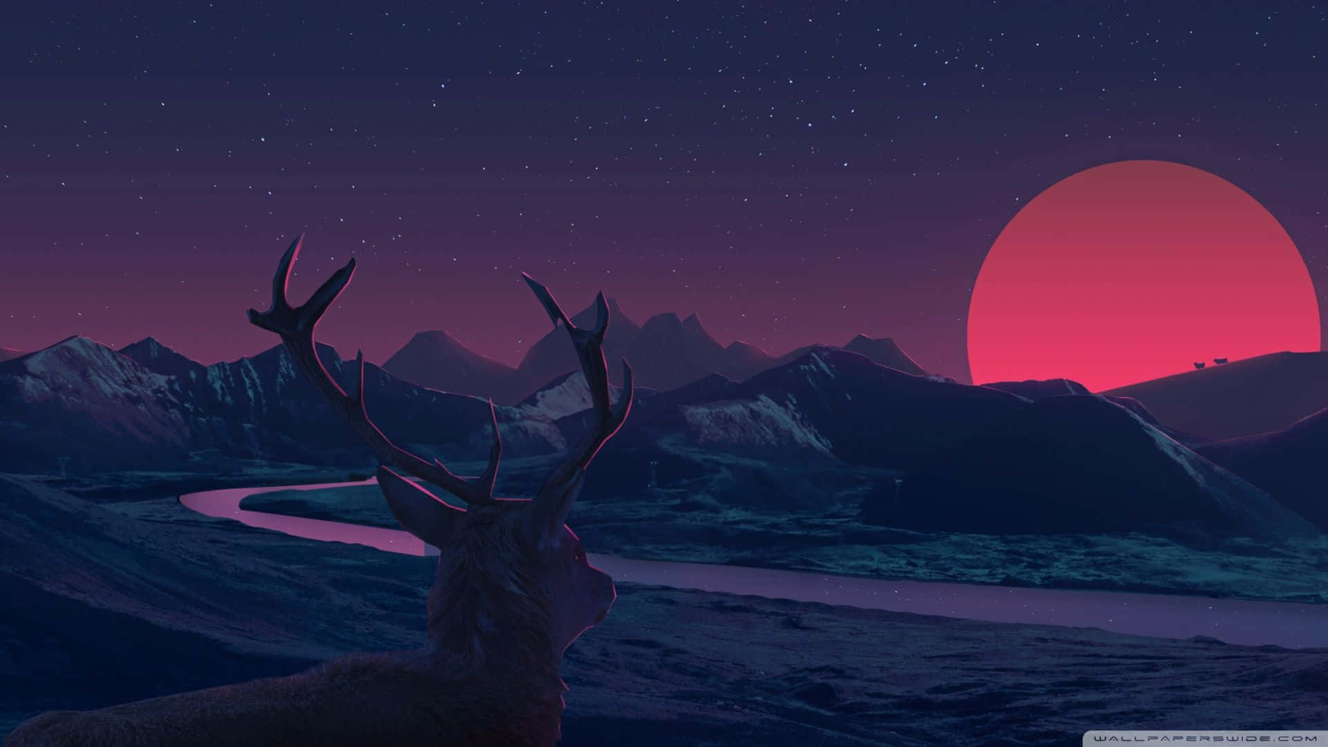 En hjort står i bjergene med et rødt solnedgang i baggrunden. Wallpaper