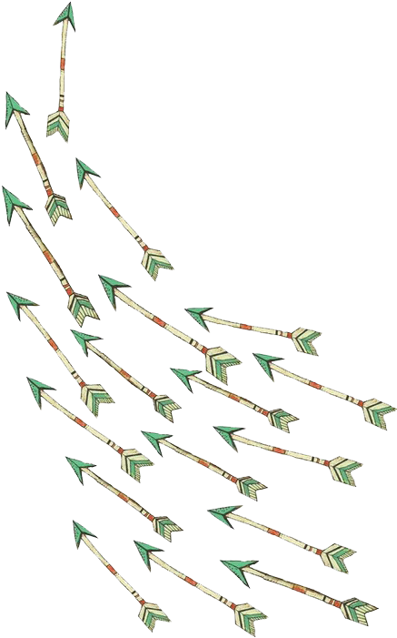 Retro Arrows Pattern PNG — A dynamic cluster of stylized arrows with green and brown patterns radiates diagonally against a stark black background.