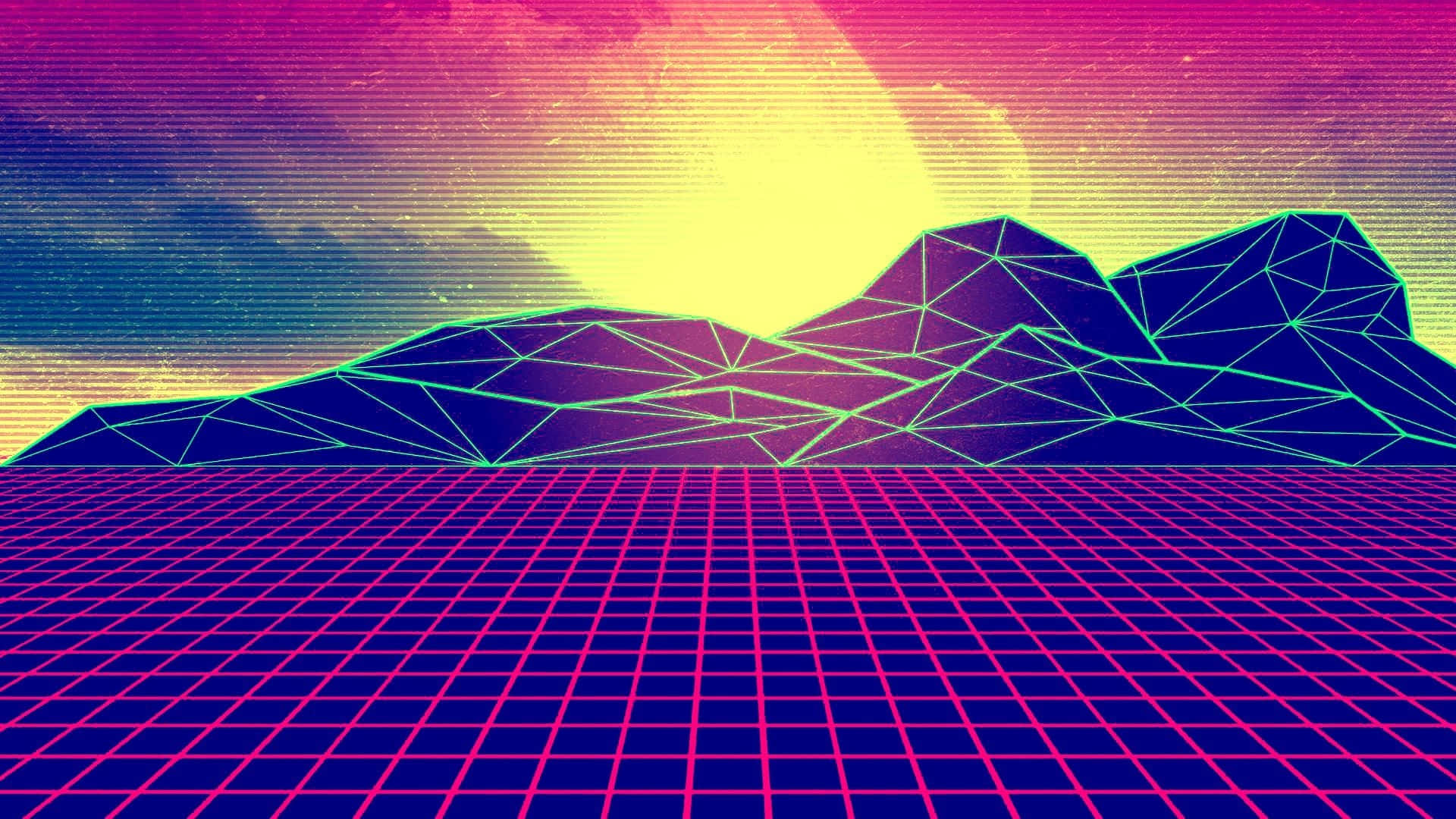 A Retro Style Background With Mountains And A Sunset