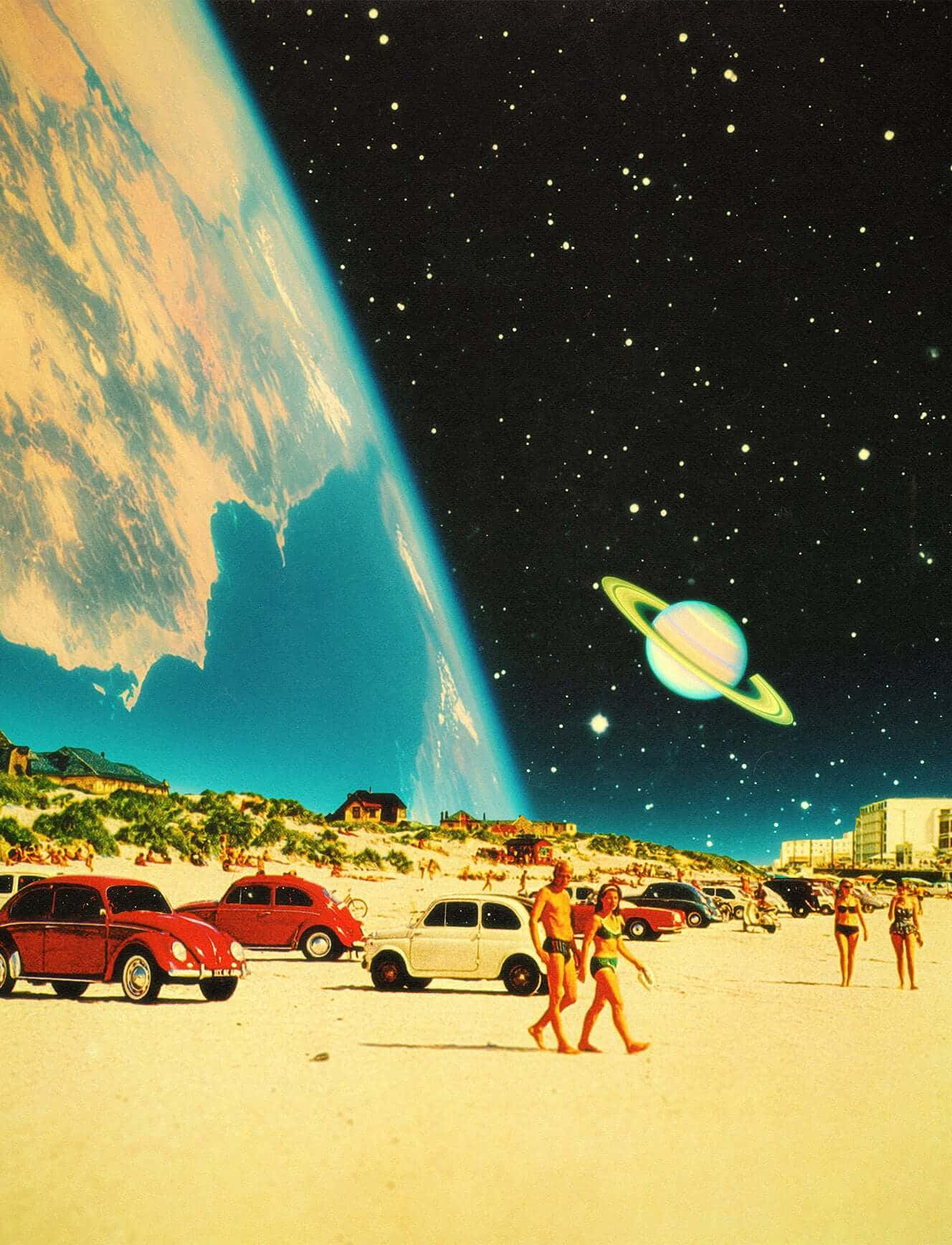Retro Beach Space Invasion Wallpaper