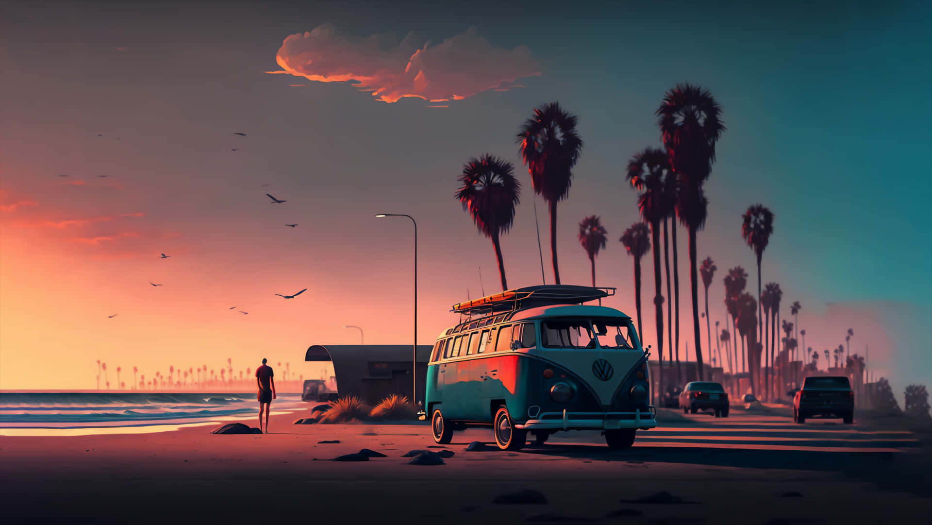 Retro Beach Van Sunset Wallpaper